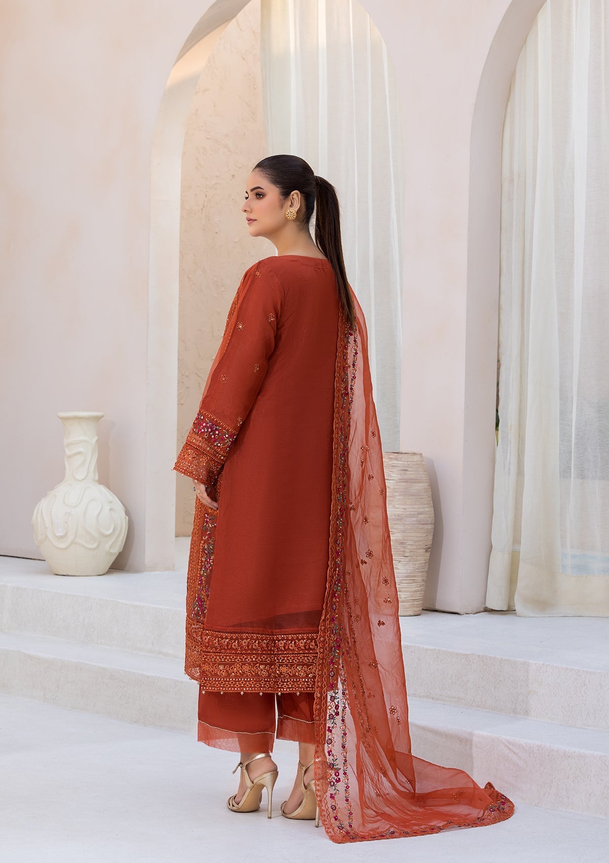 organza Kurta Set in Rust red