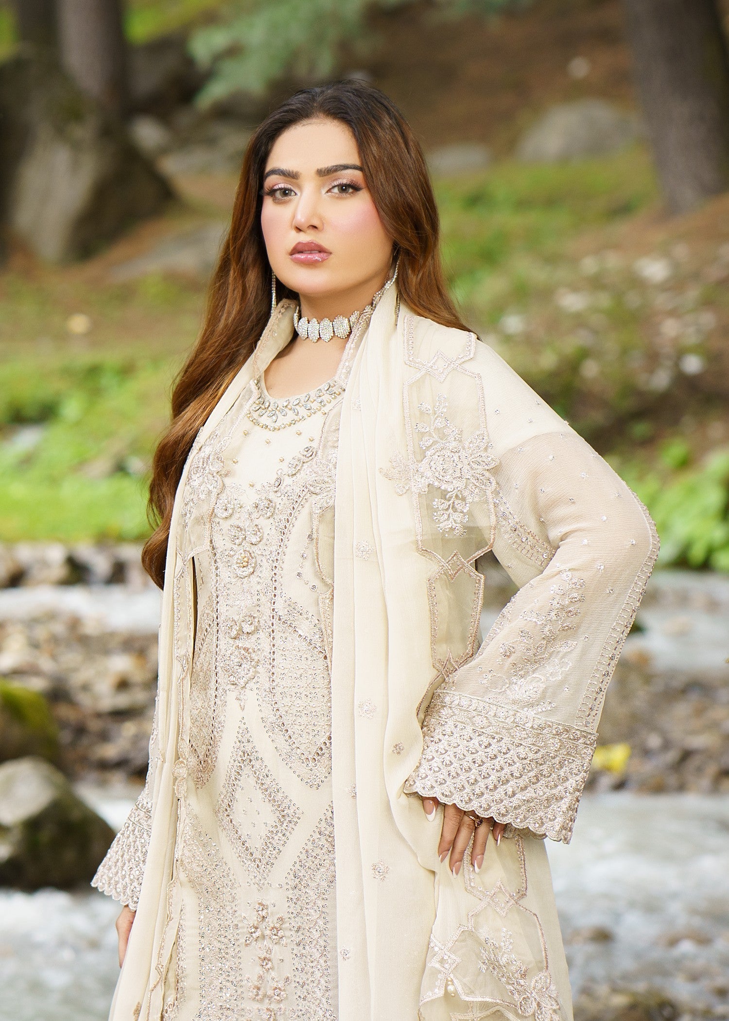 chiffon Kurta Set in Eggshell