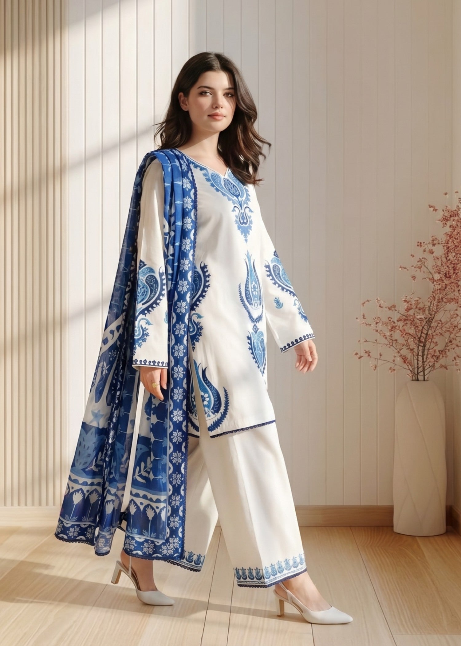 lawn cotton Kurta Set in White