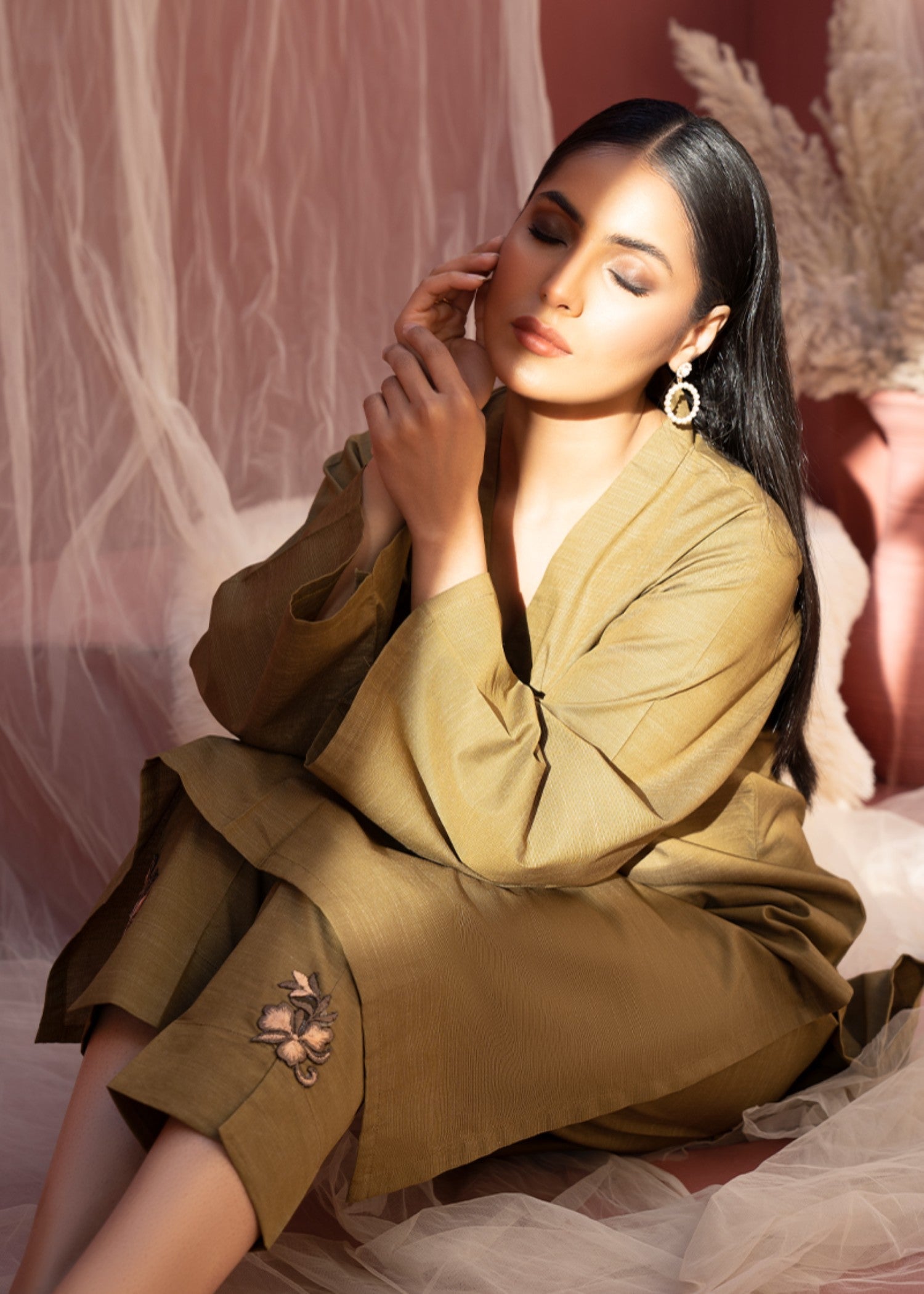 slub cambric Kurta Set in Olive green