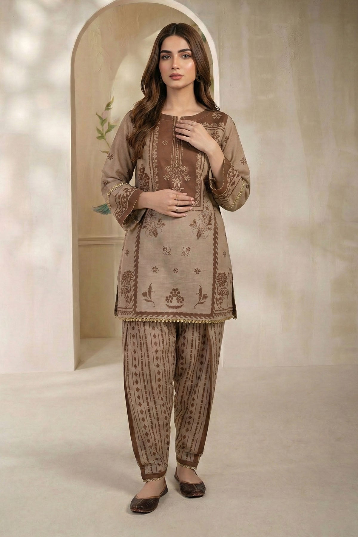 raw silk Kurta Set in Camel brown