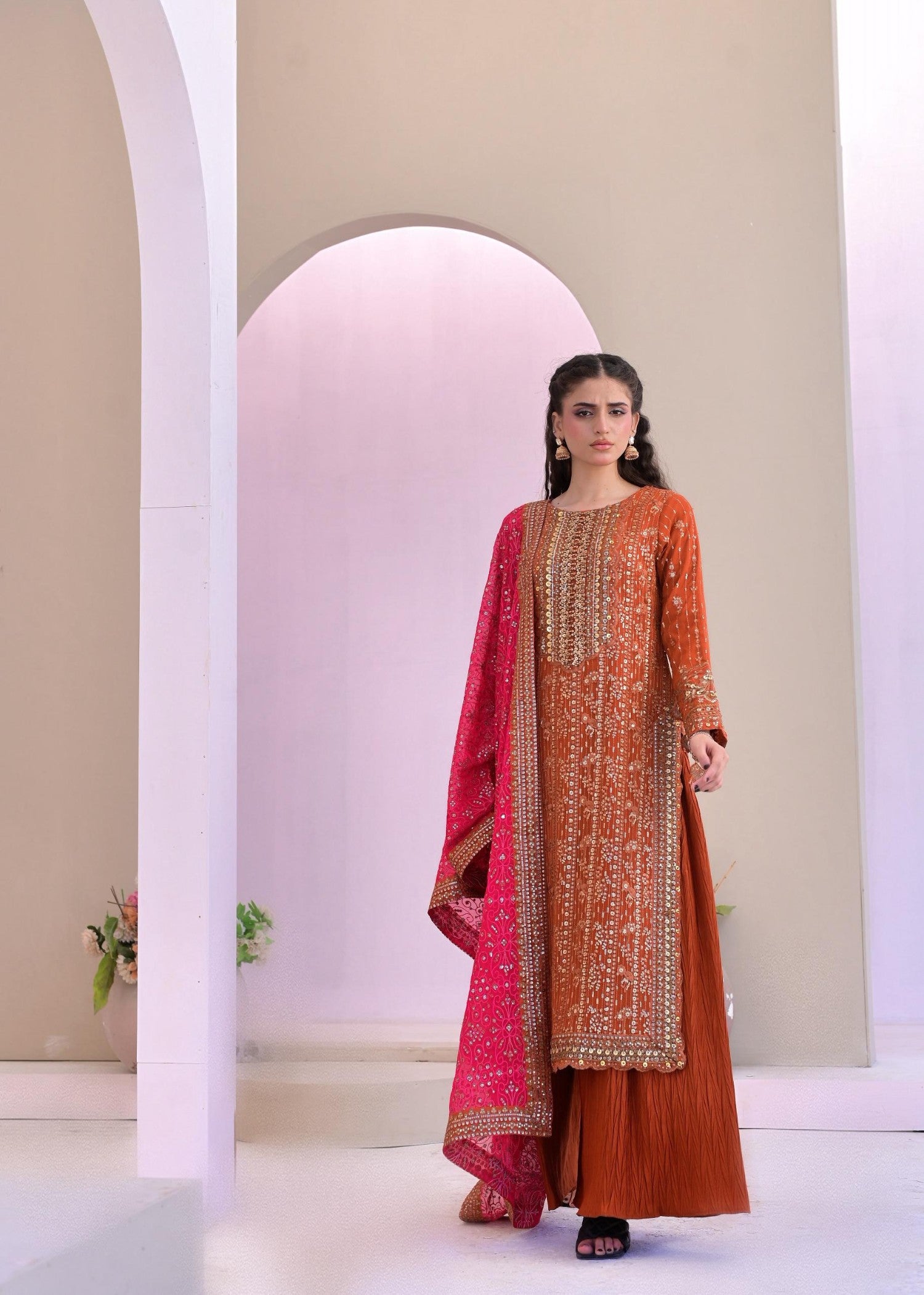 pk chiffon Kurta Set in Rust red
