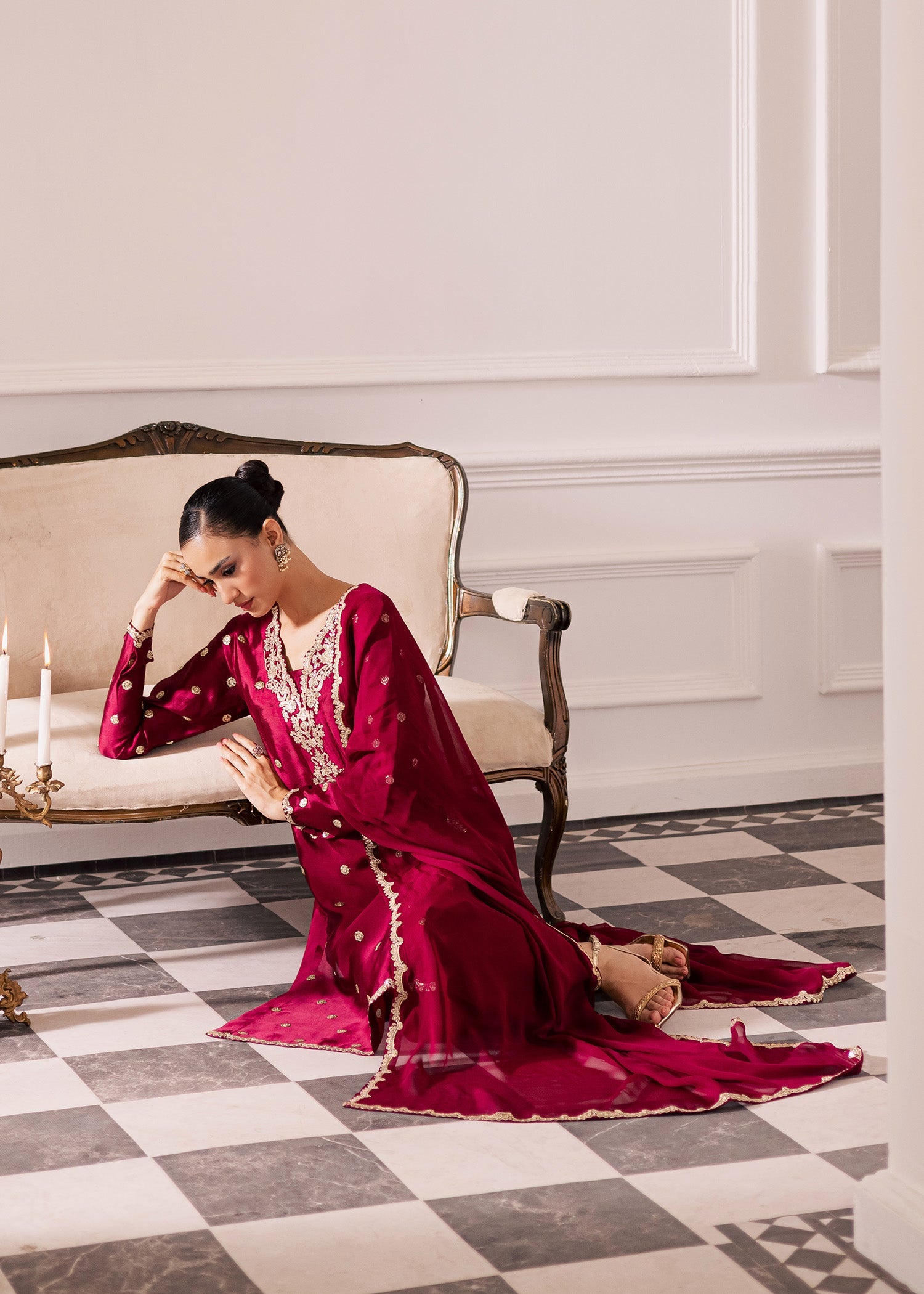 thai silk Kurta Set in Burgundy