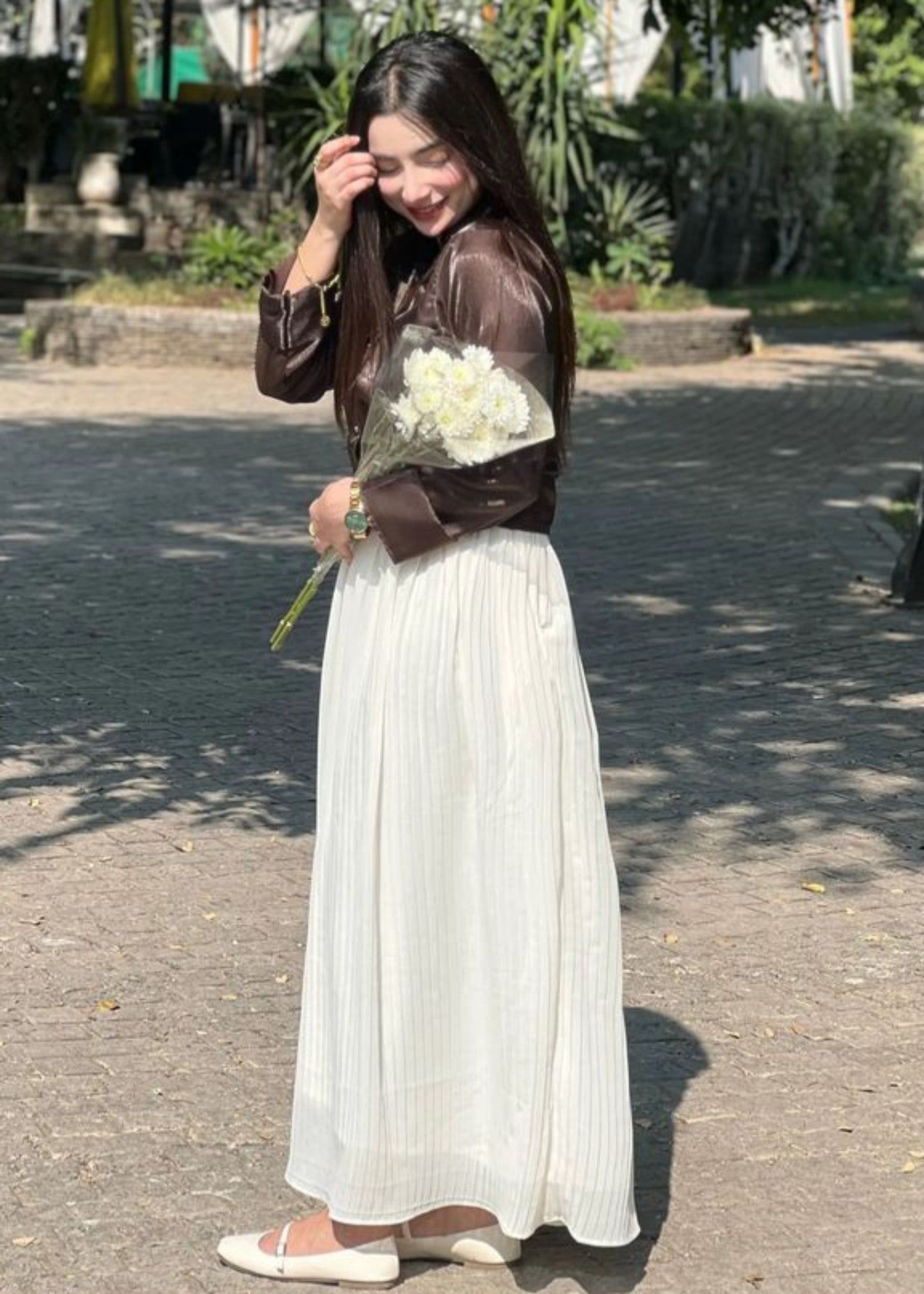 silk Skirt in Chocolate brown, white