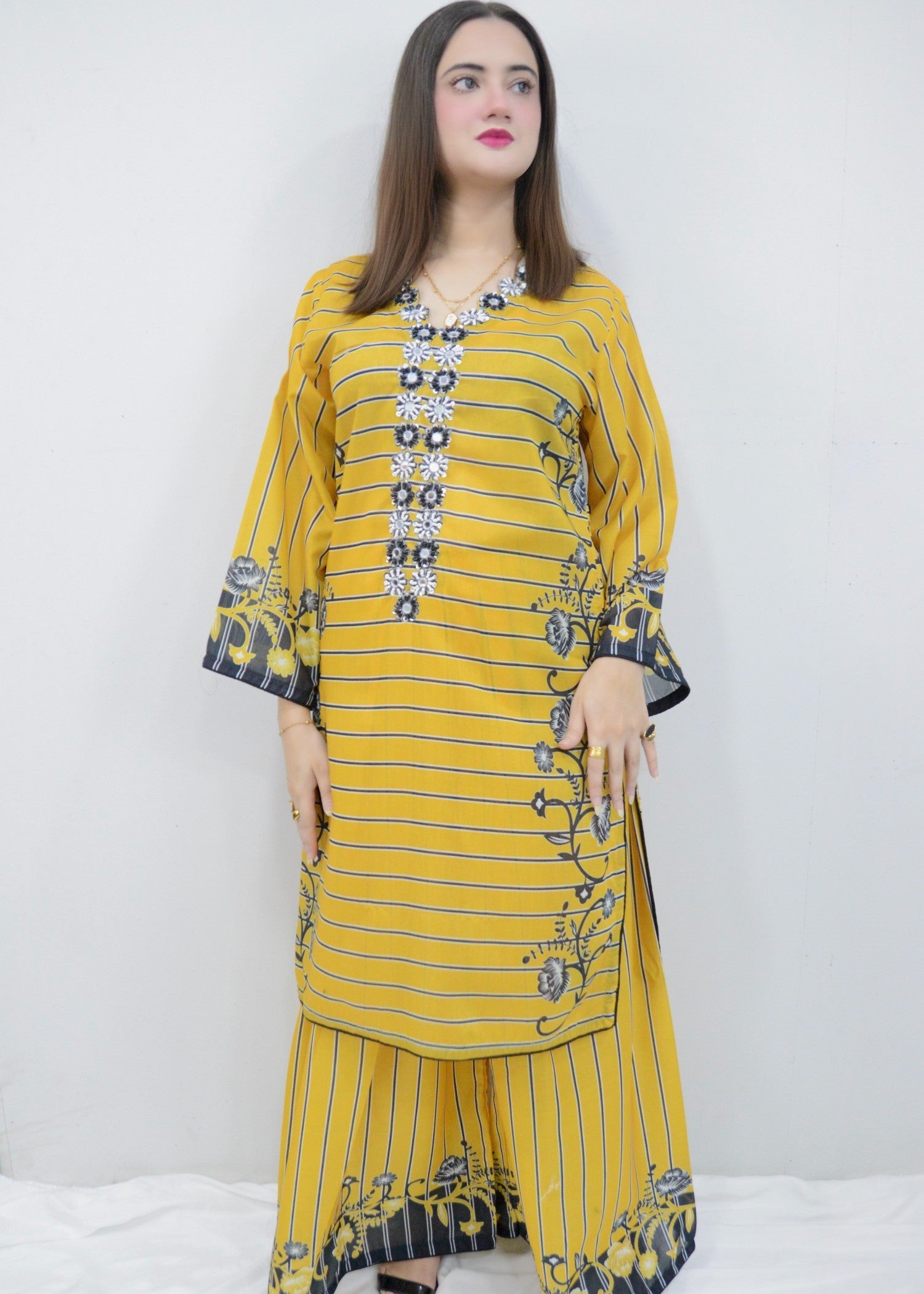 swiss lawn Kurta Set in Yellow