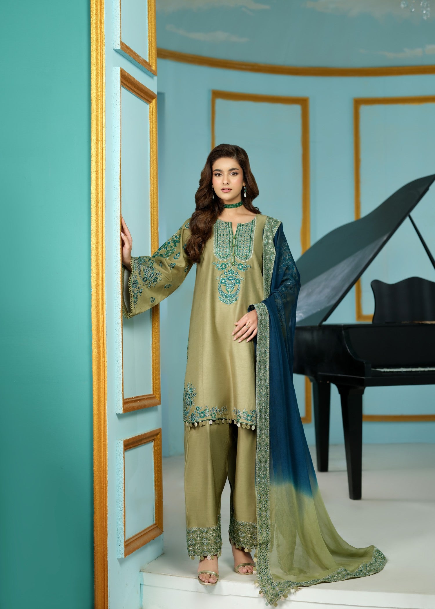 cambric cotton Kurta Set in Sage green