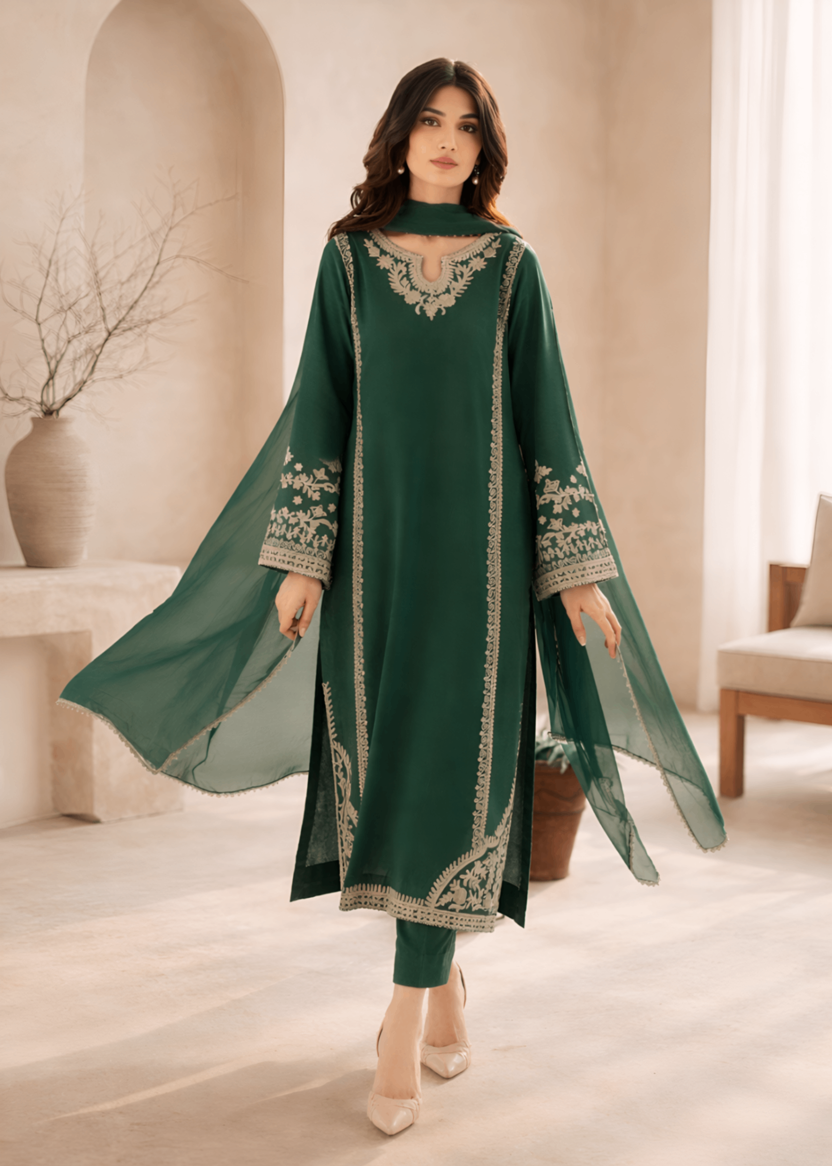 linen Kurta Set in Dark green