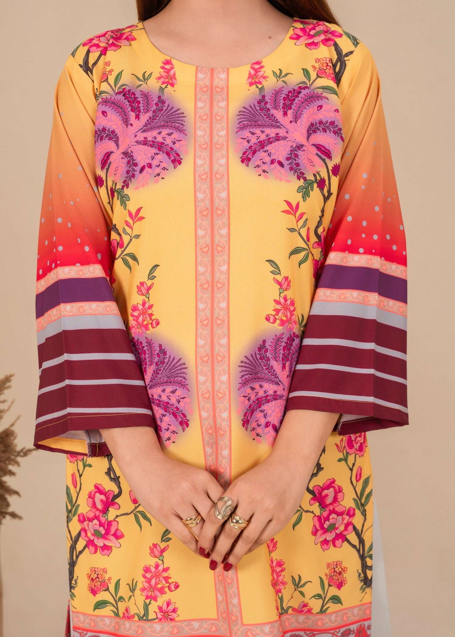 crepe Kurta Set in Yellow-orange