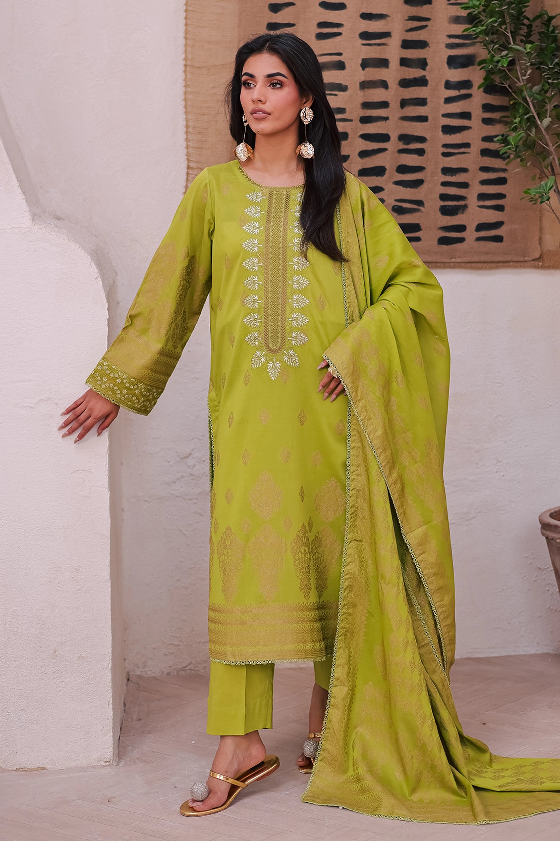 zari cotton Unstitched in Green
