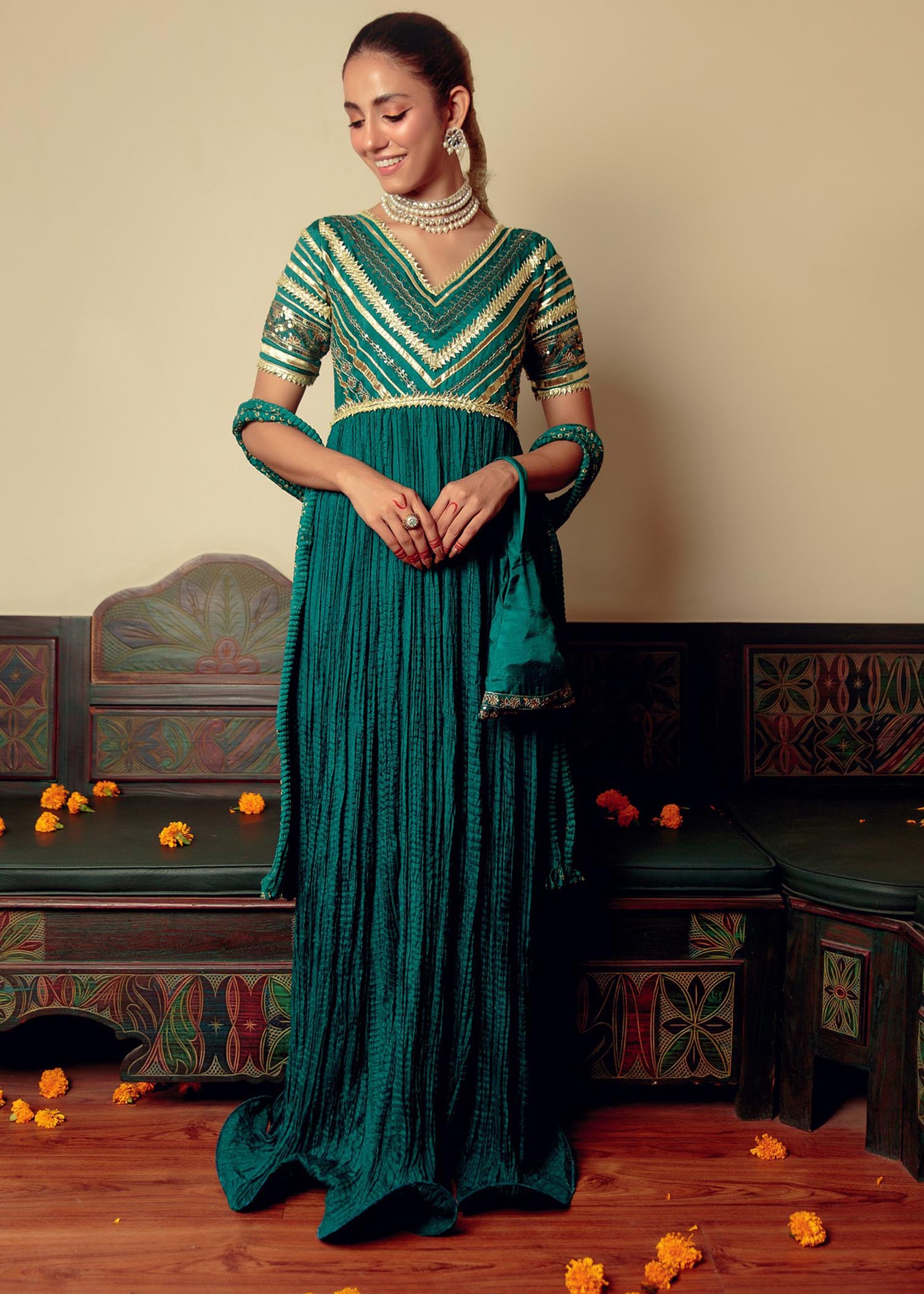 silk Pishwas in Green