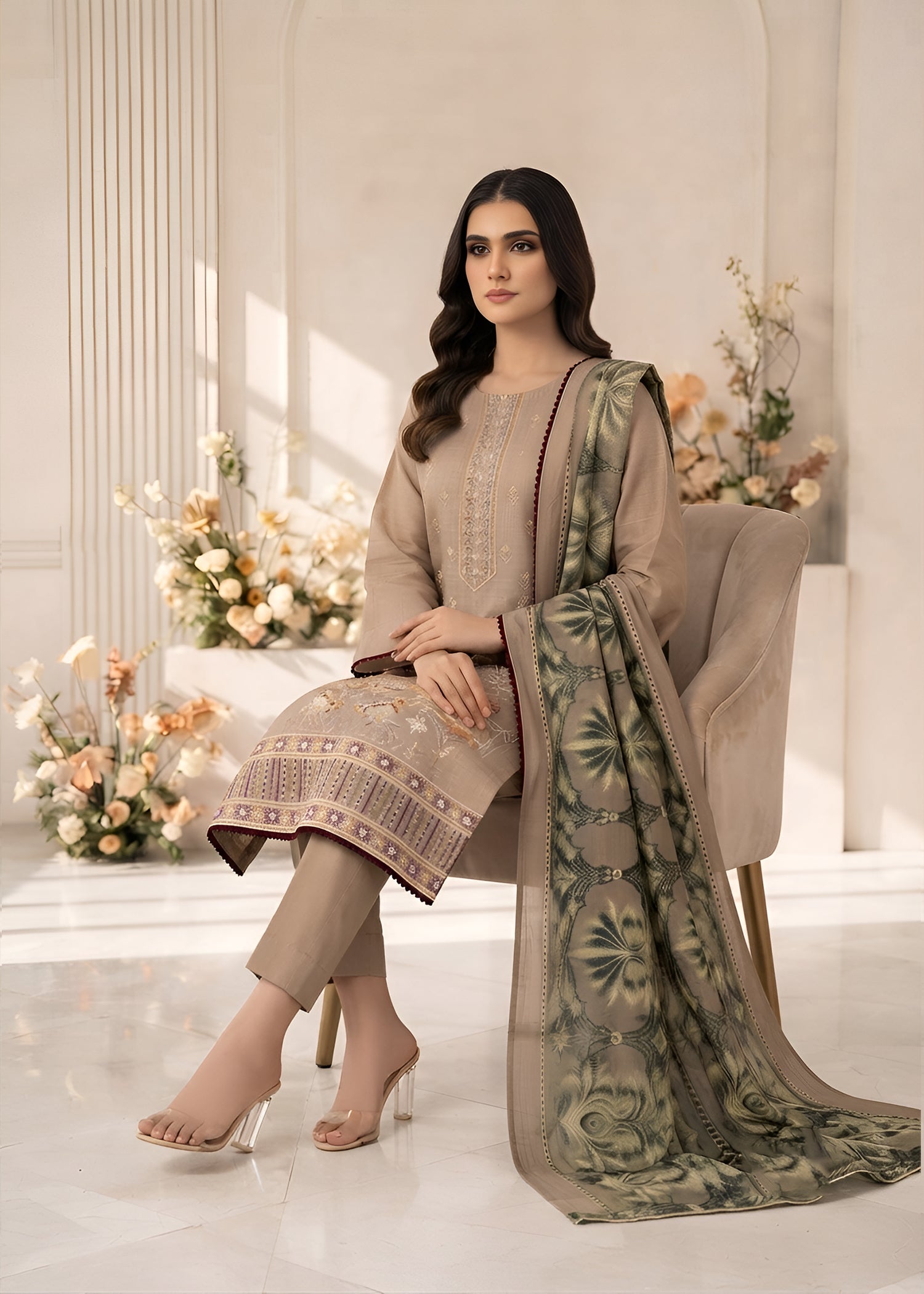 cotton jacquard Kurta Set in Beige