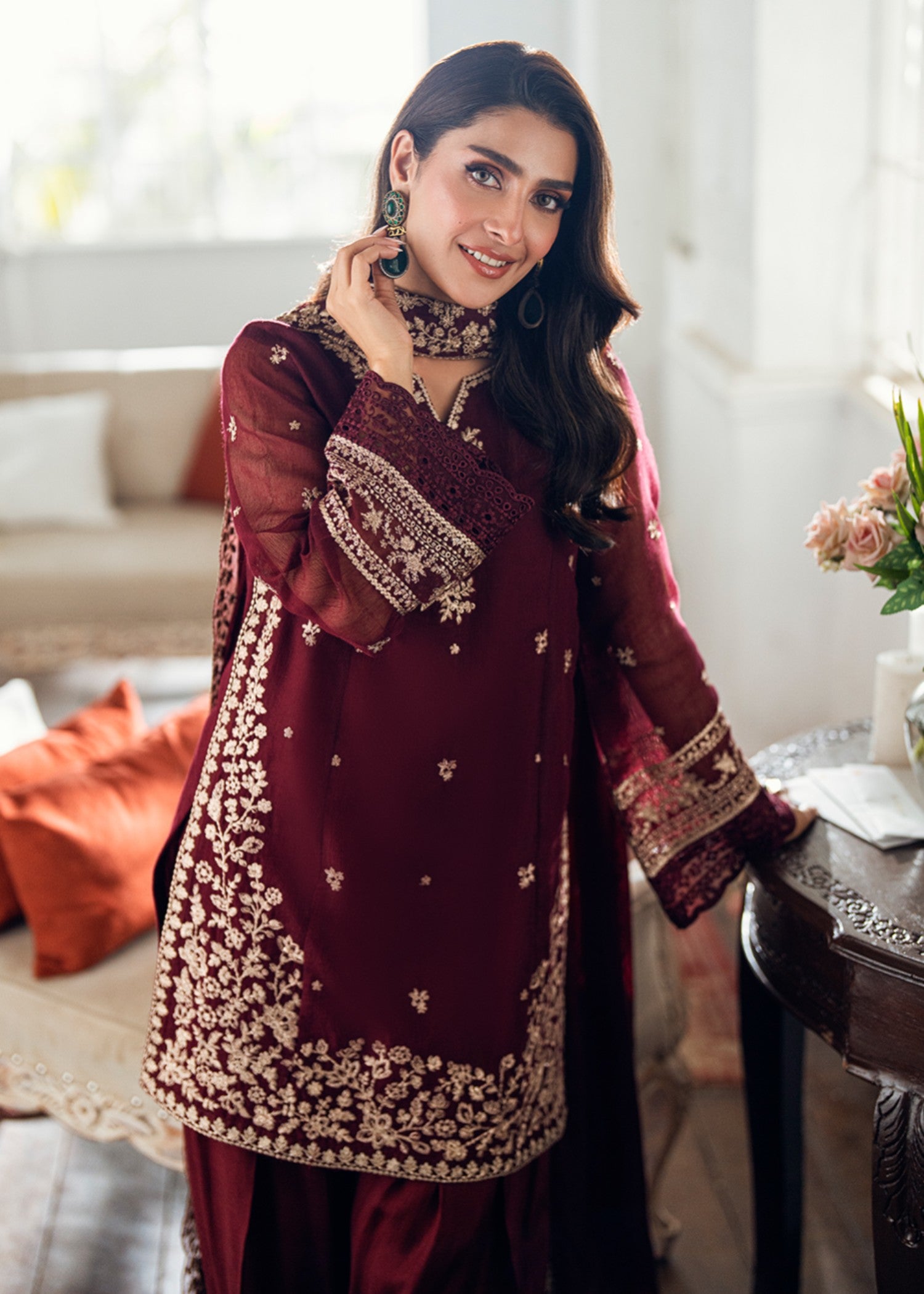 khaddi net shabnam zari Unstitched in Burgundy
