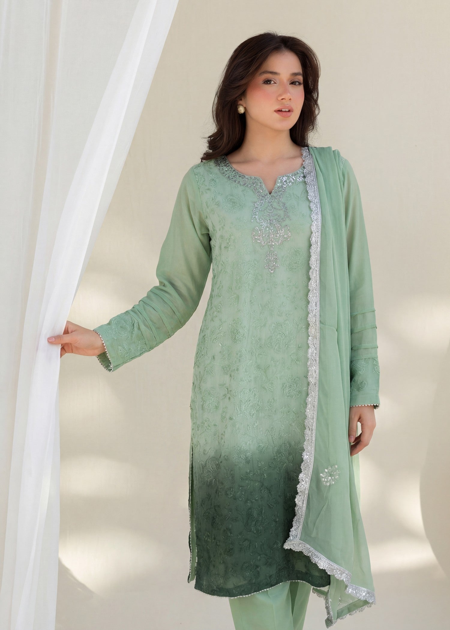 khaddi net Kurta Set in Moss green