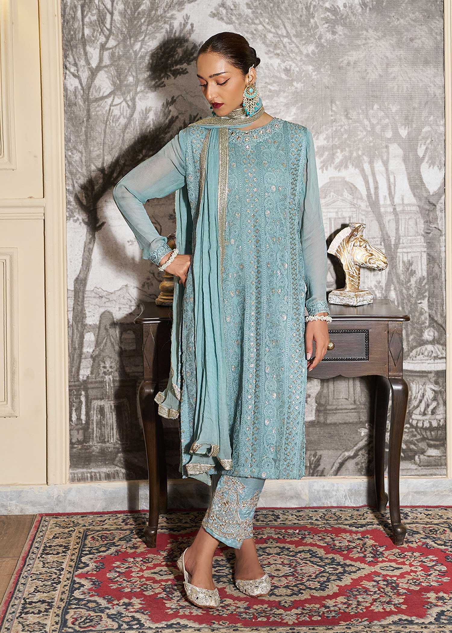 chiffon Kurta Set in Sky blue