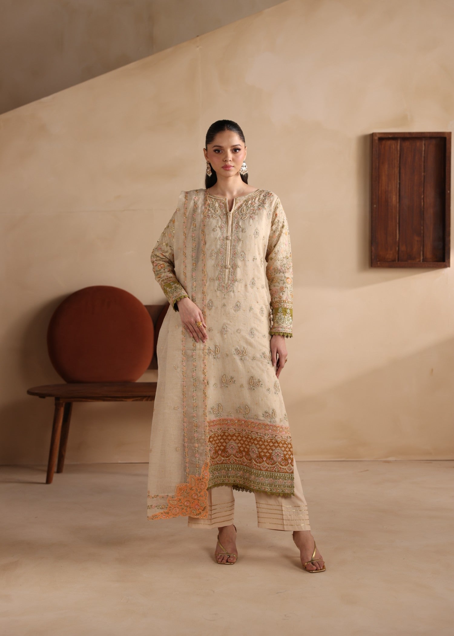 khaddi net Kurta Set in Beige