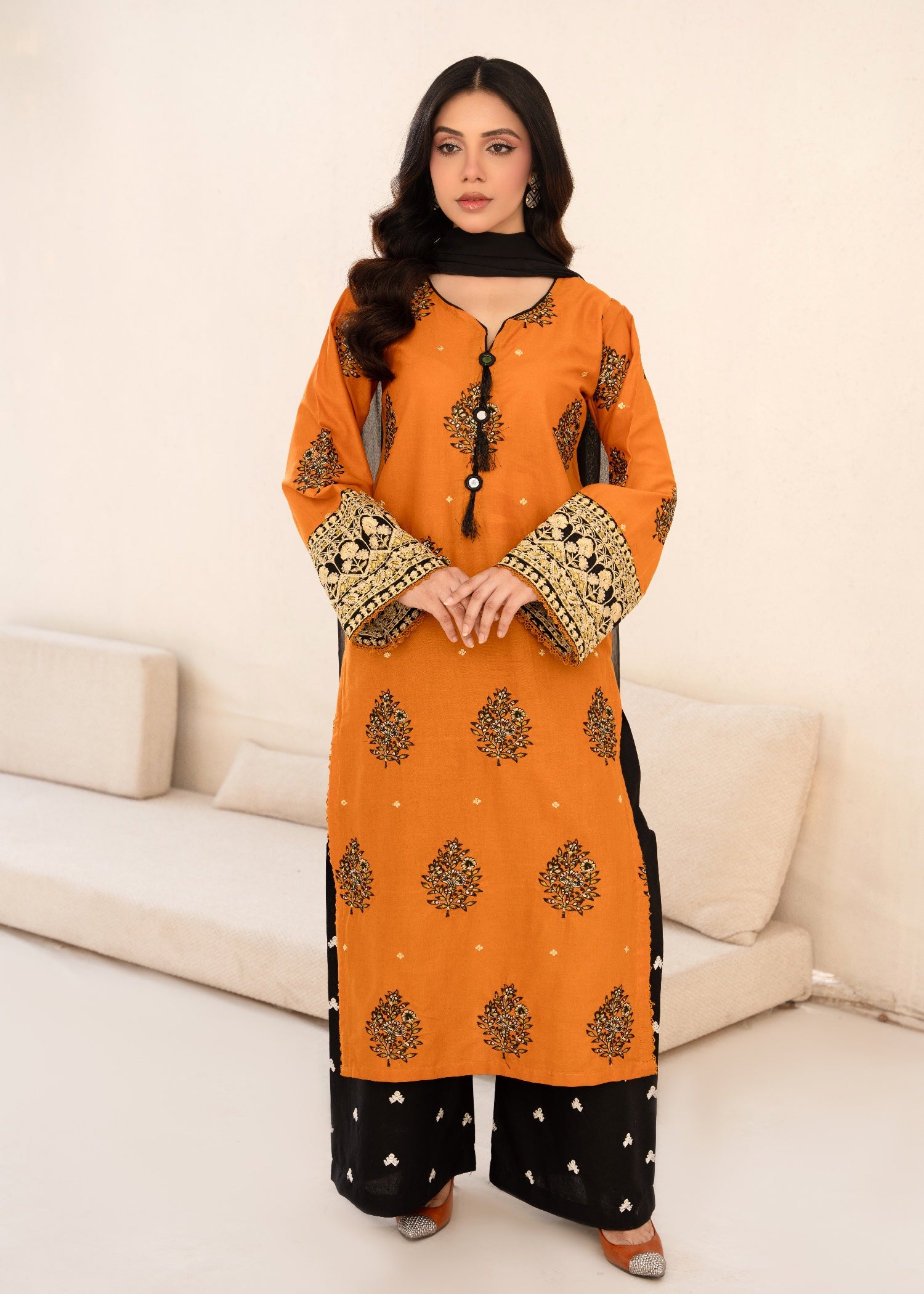 cambric Kurta Set in Yellow-orange