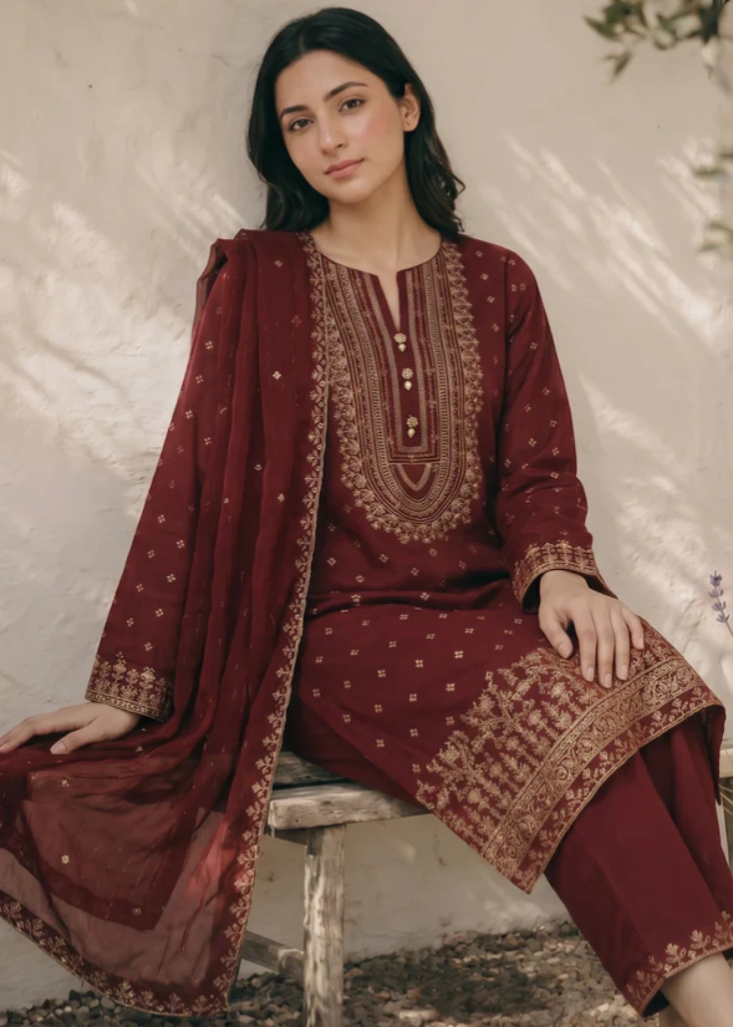 jacquard Kurta Set in Maroon