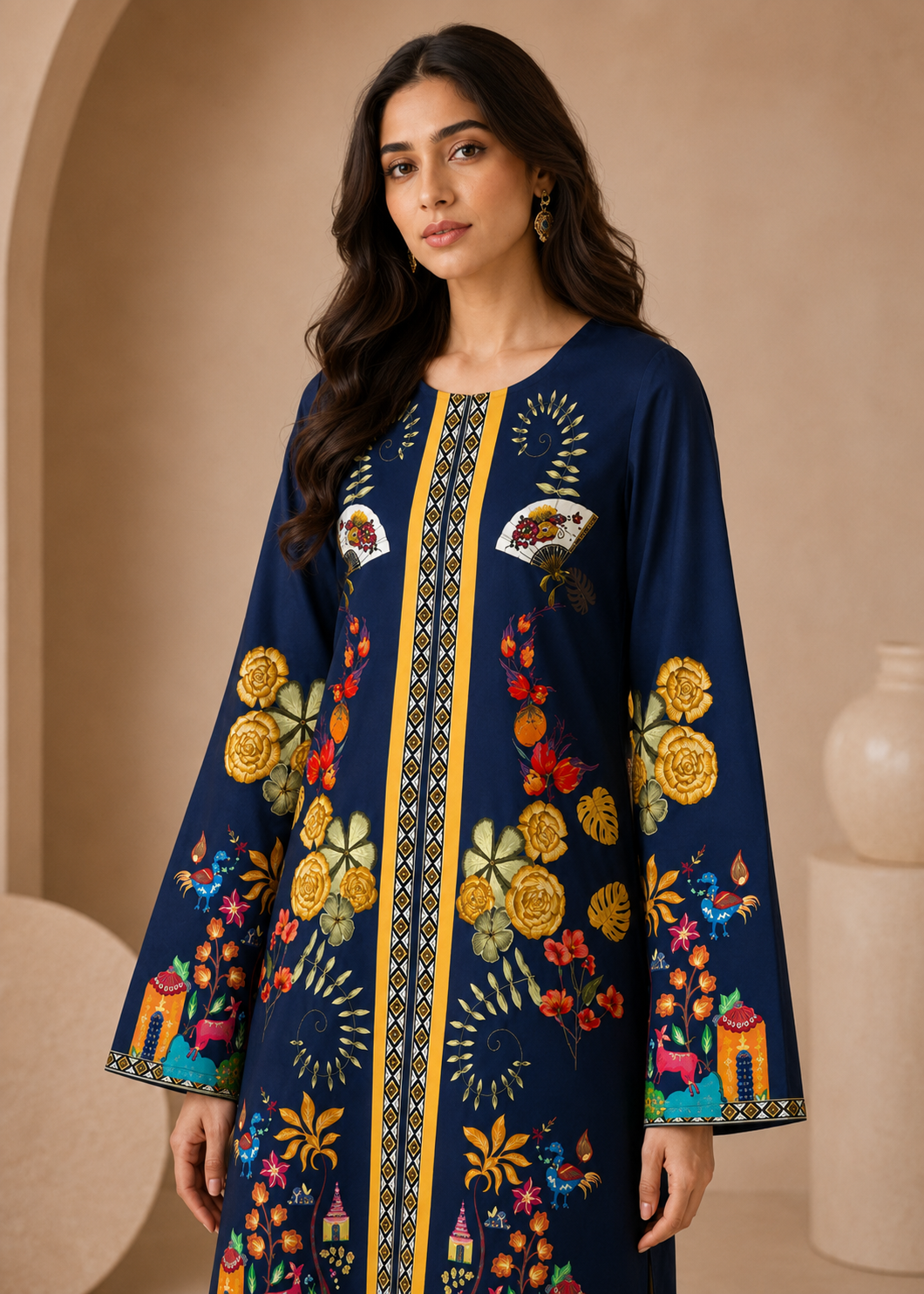 lawn Unstitched in Navy blue, yellow