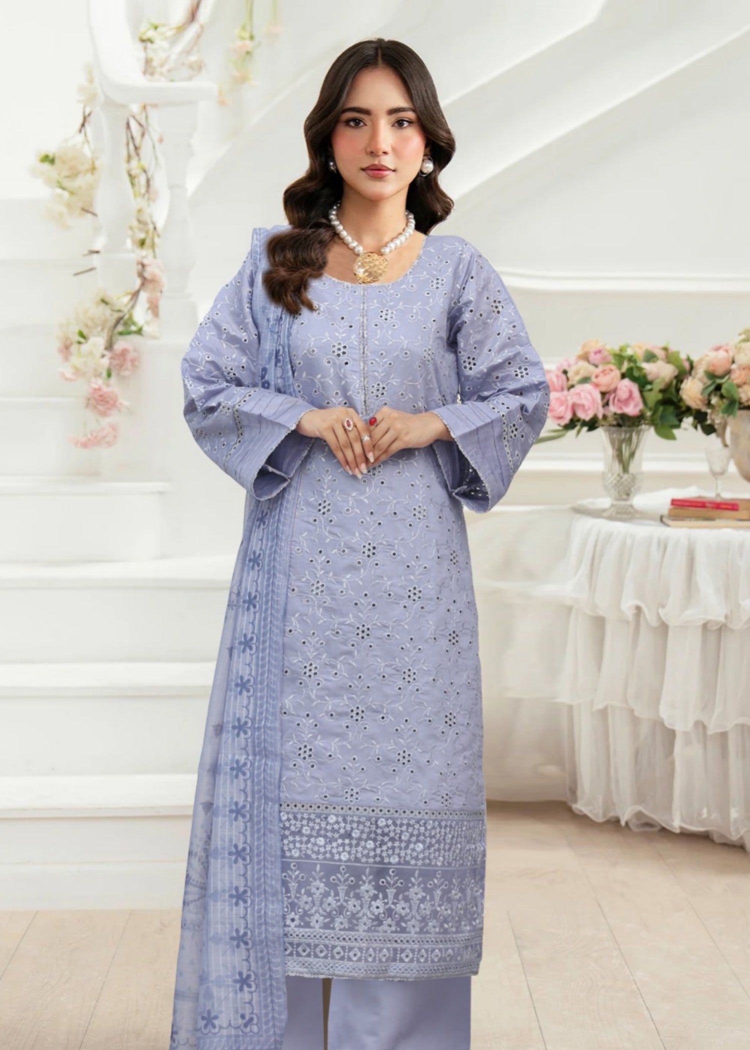 cotton net Kurta Set in Duck egg grey