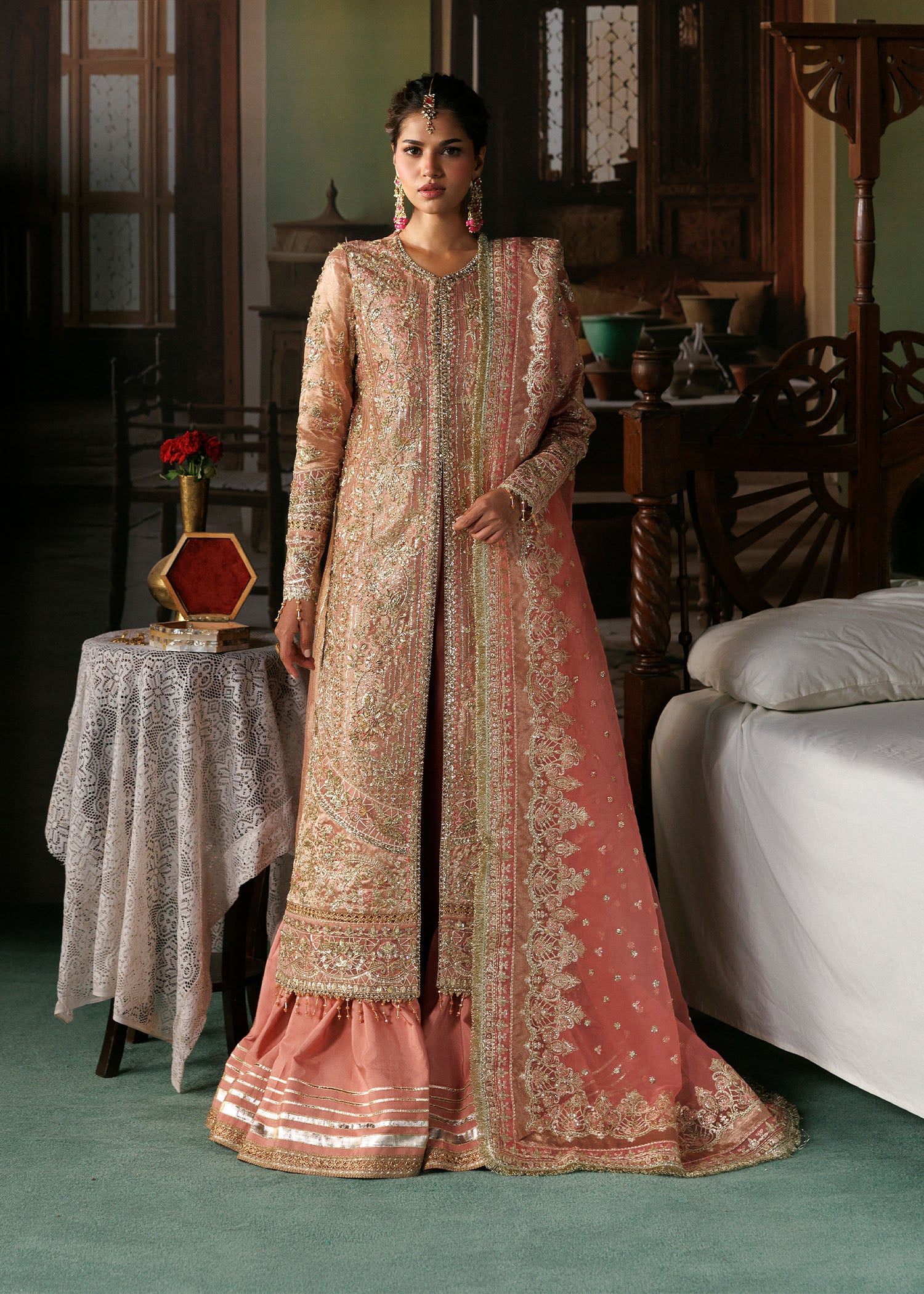 zari tissue Unstitched in Peach pink