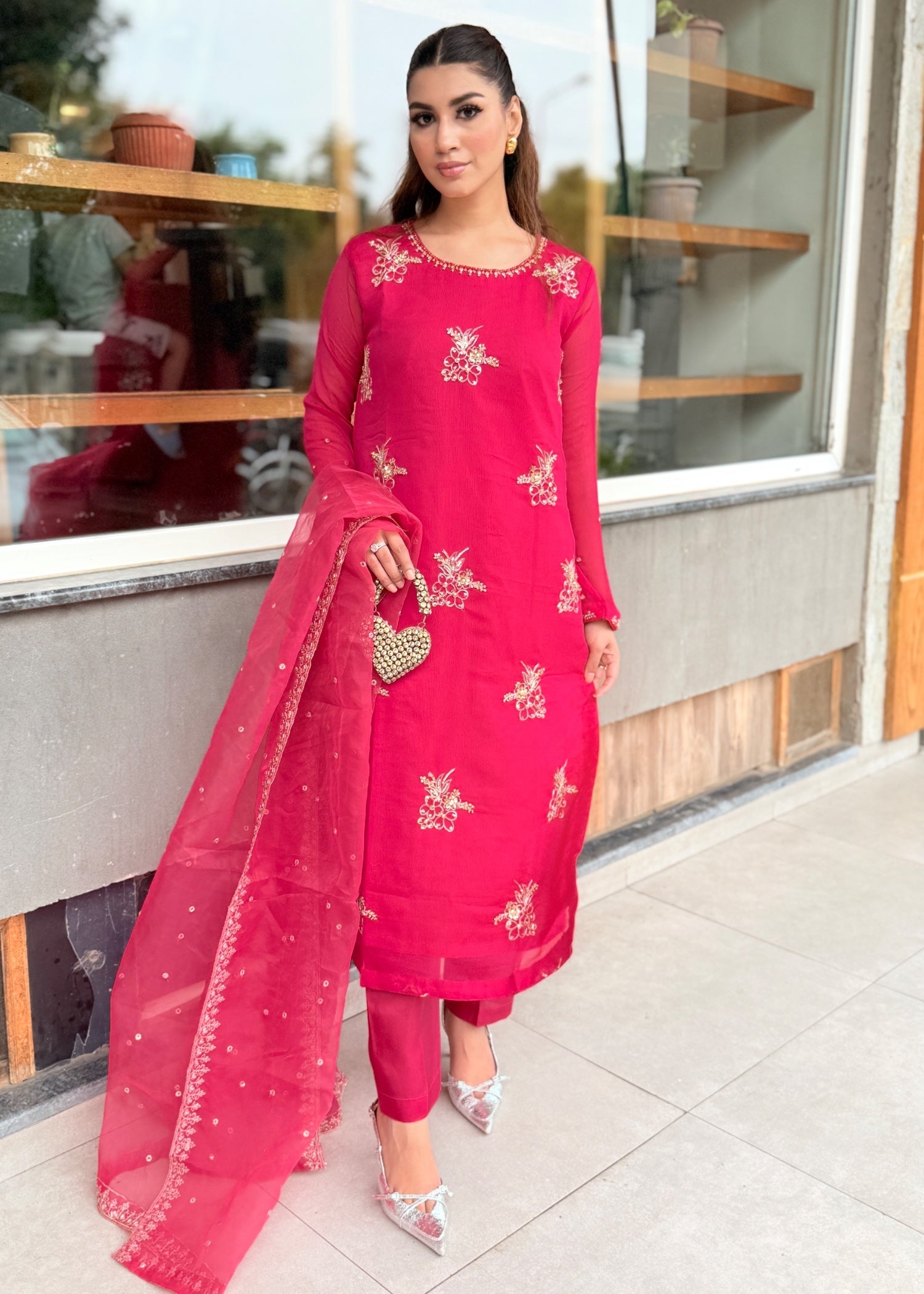 chiffon Kurta Set in Raspberry pink