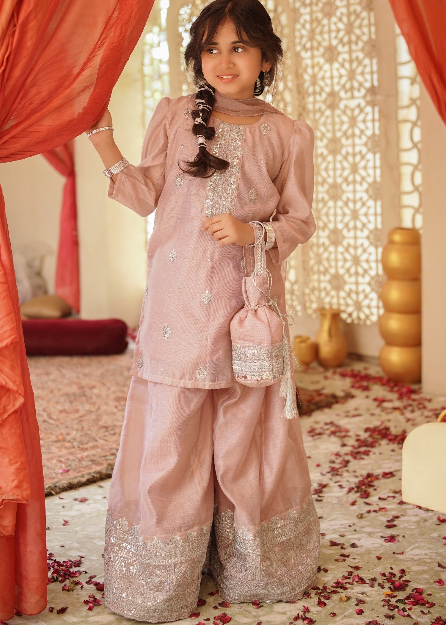 cotton net Sharara in Tea rose pink