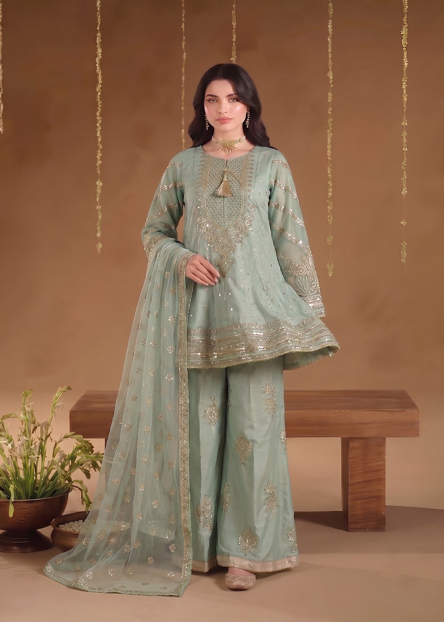 kattan silk Short Frock in Moss green