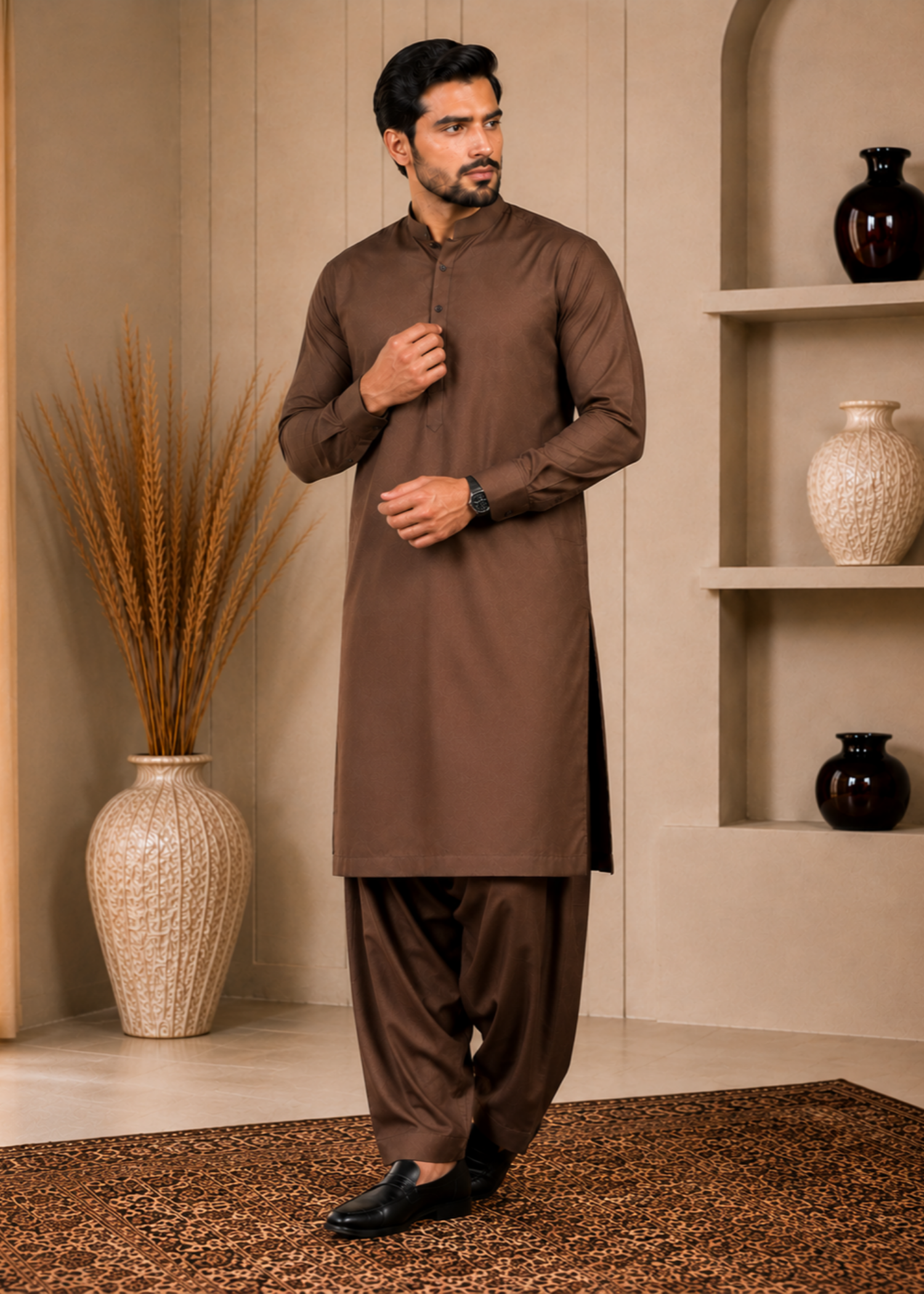 wash & wear Shalwar Kameez in Oak brown