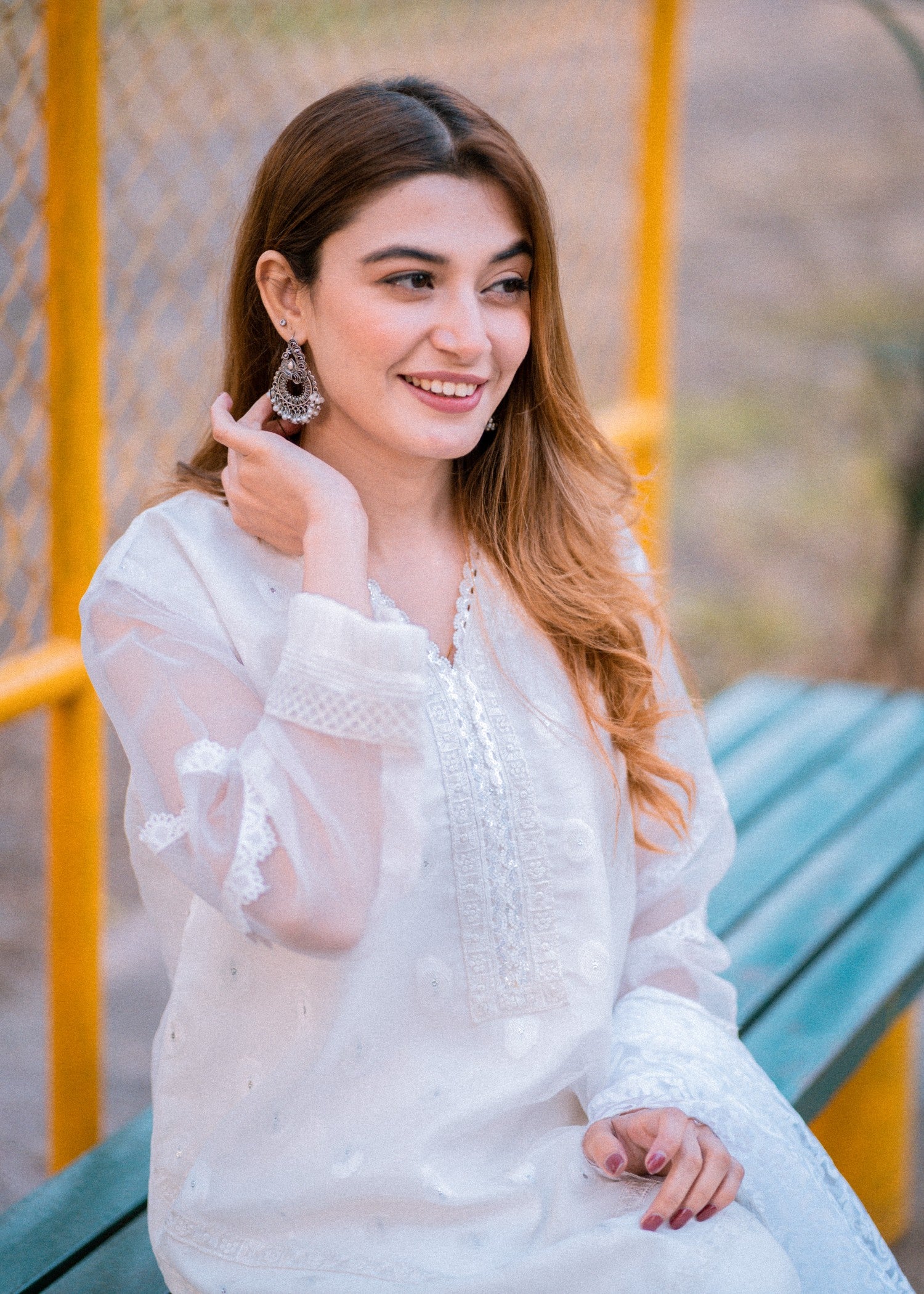 zari organza Kurta Set in White
