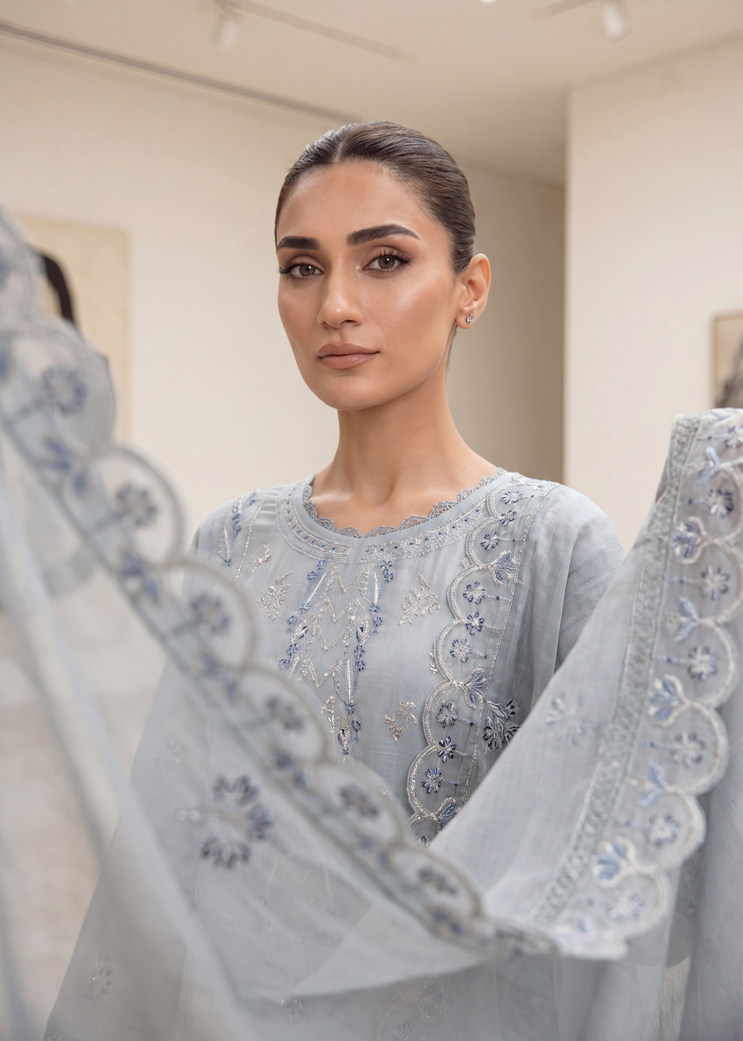 slub lawn Kurta Set in Steal grey