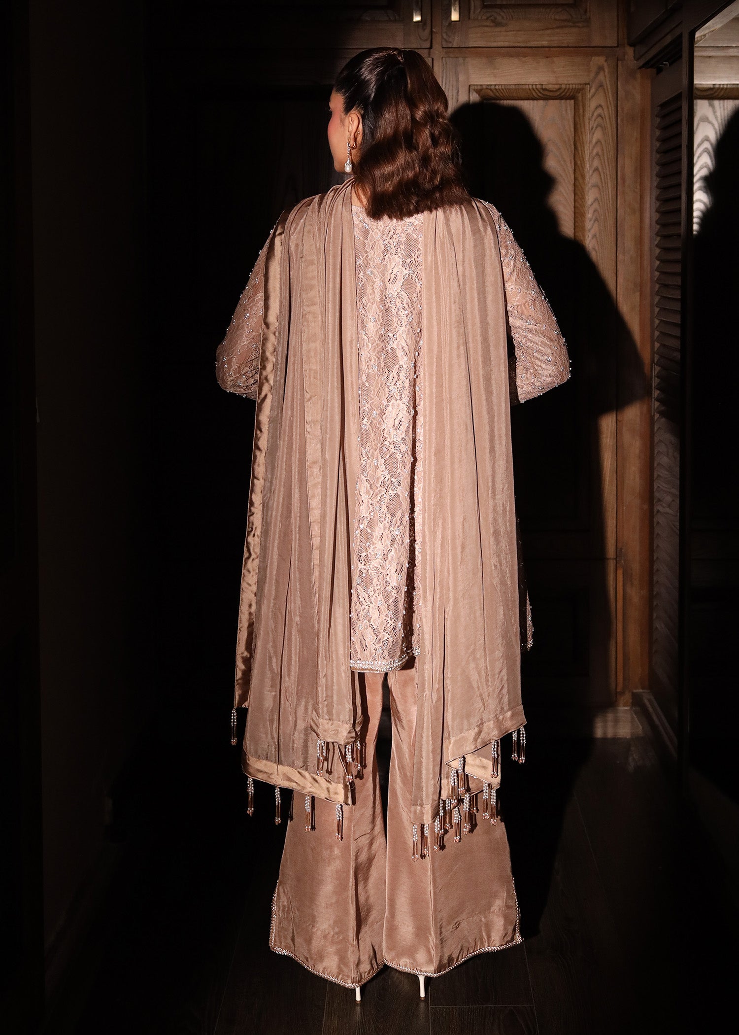 chantelle net Kurta Set in Champagne