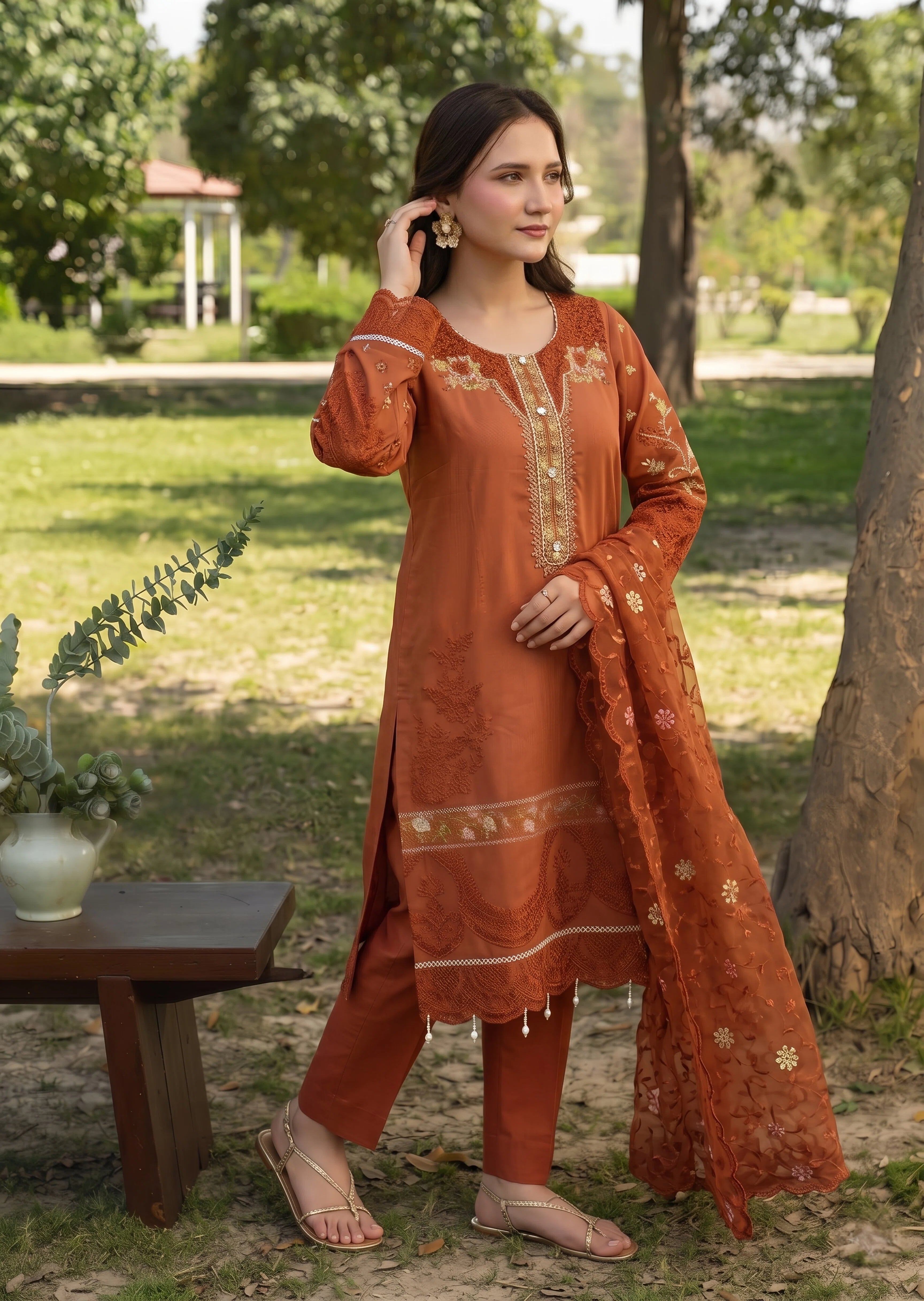 organza Kurta Set in Rust orange