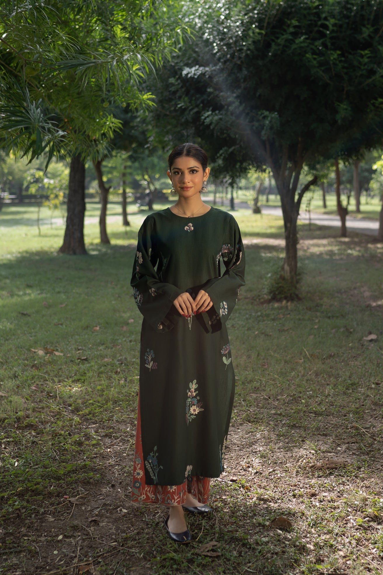 slub khaddar Kurta Set in Rust orange, bottle green