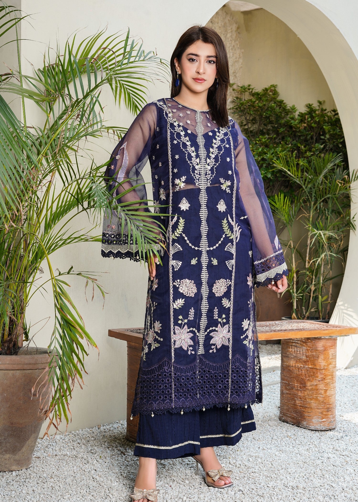 organza Kurta Set in Midnight blue