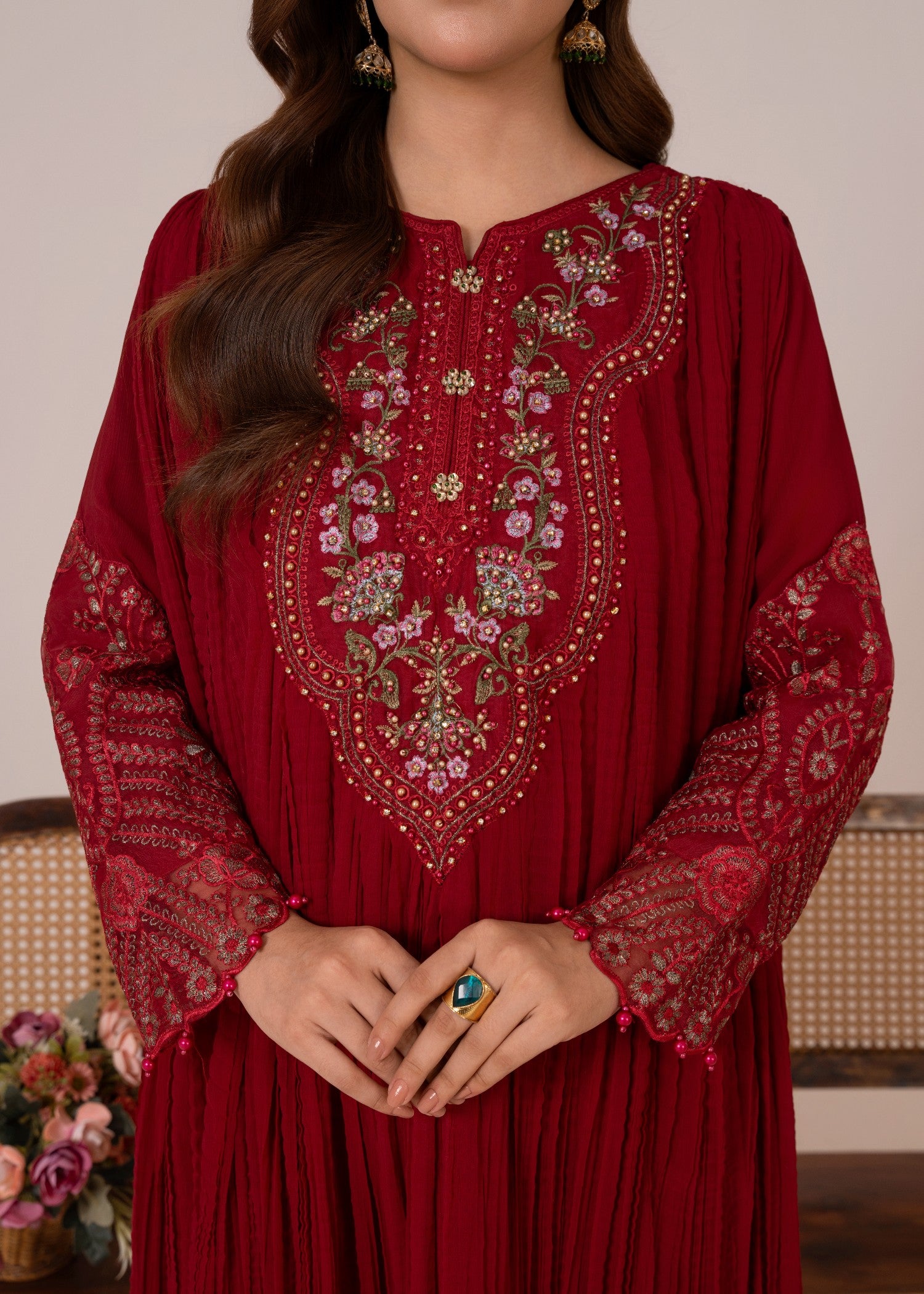 chiffon Pishwas in Spicy red
