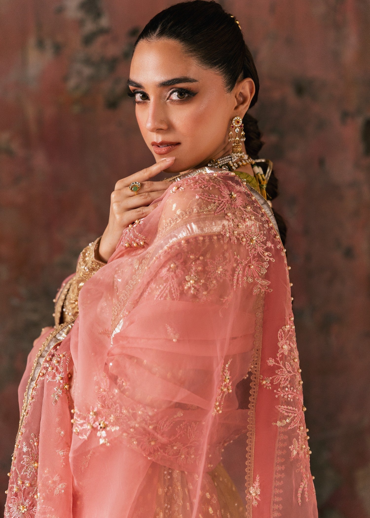 organza Pishwas in Olive green, coral orange