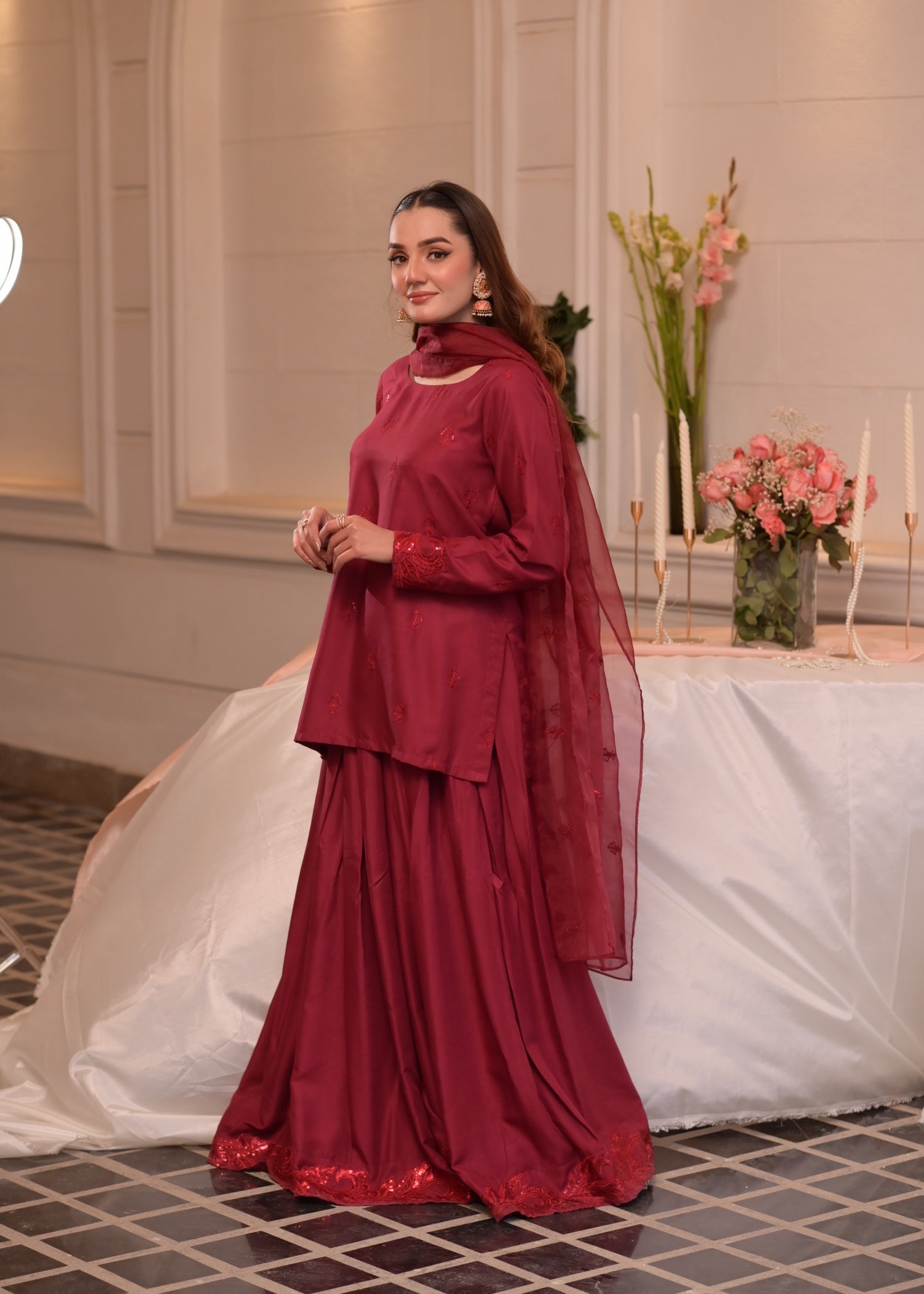 irish linen Sharara in Berry red