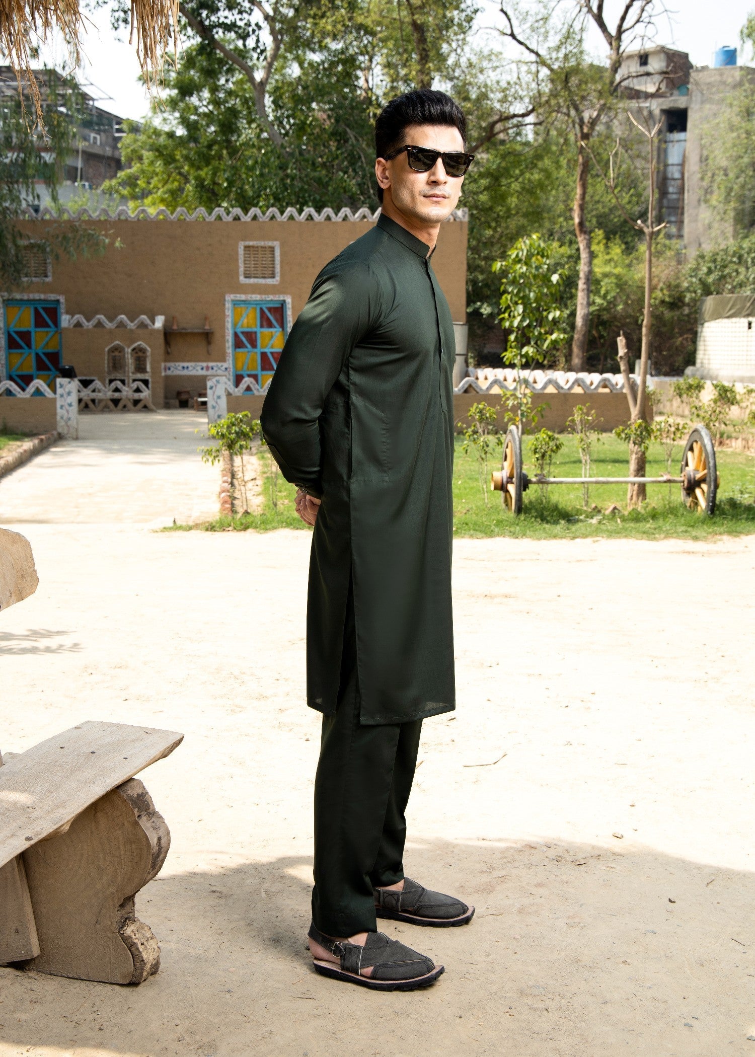 wash & wear Kurta Set in Bottle green