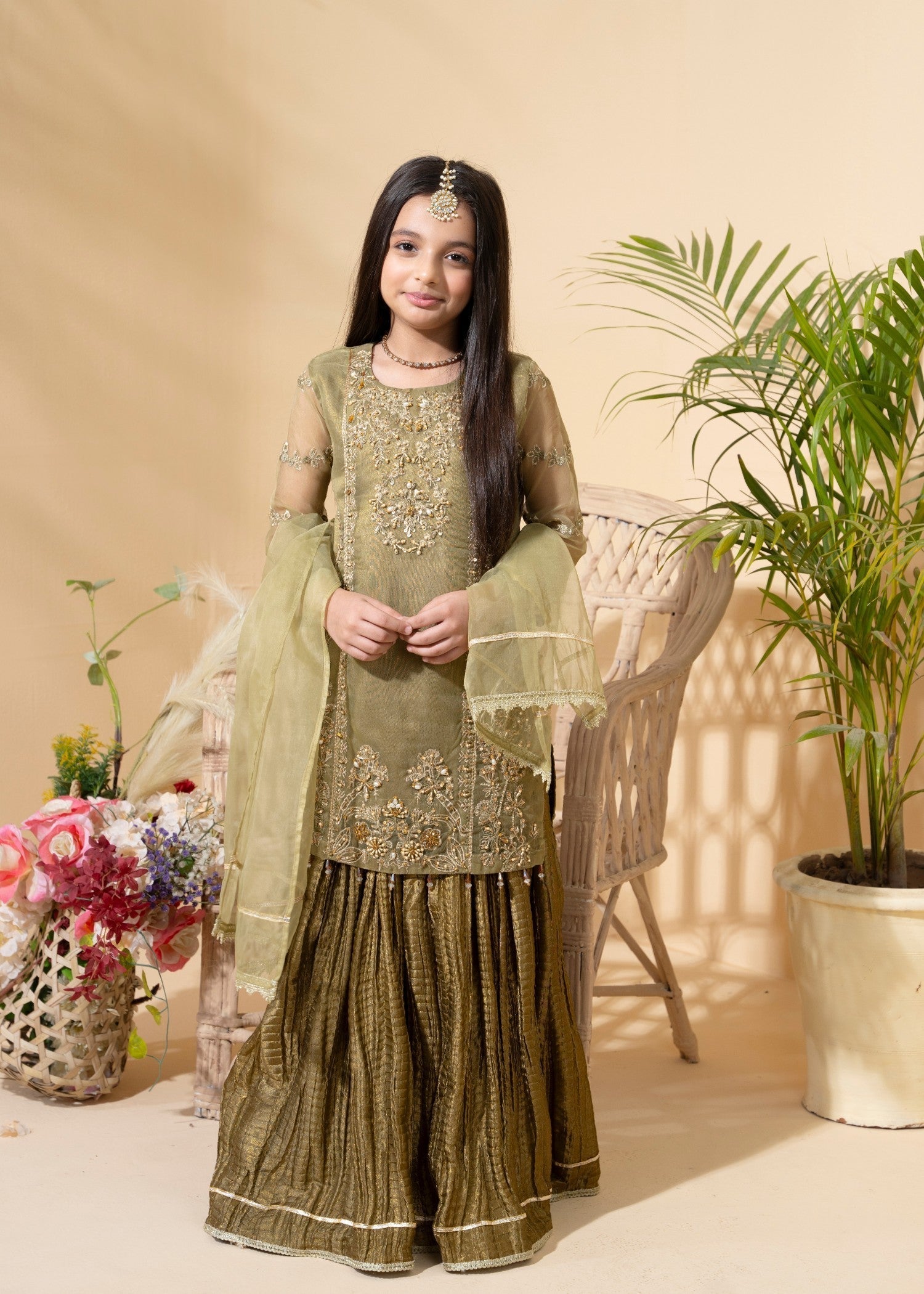 organza Lehenga in Olive green