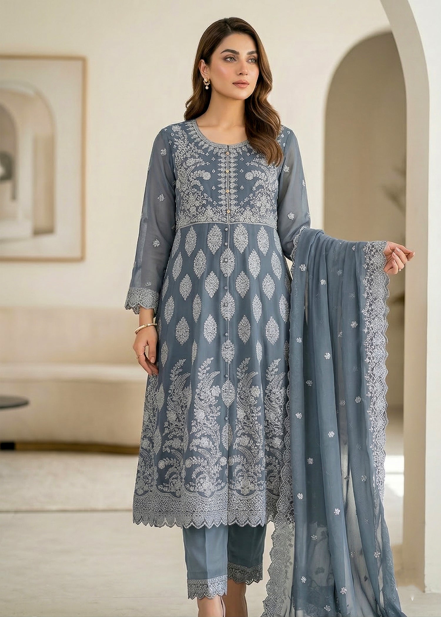 chiffon Pishwas in Pastel grey