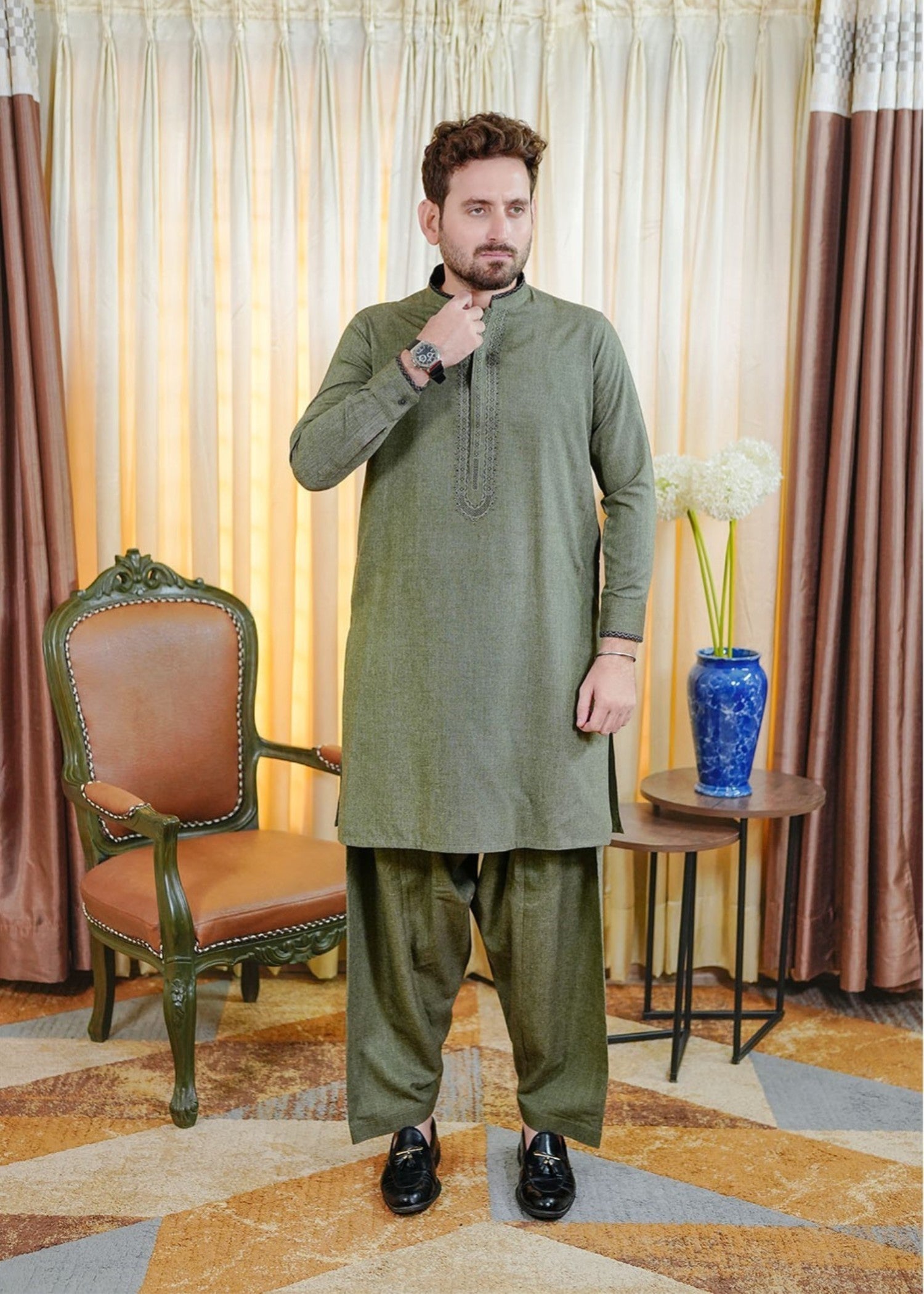 acrylic wool Shalwar Kameez in Green