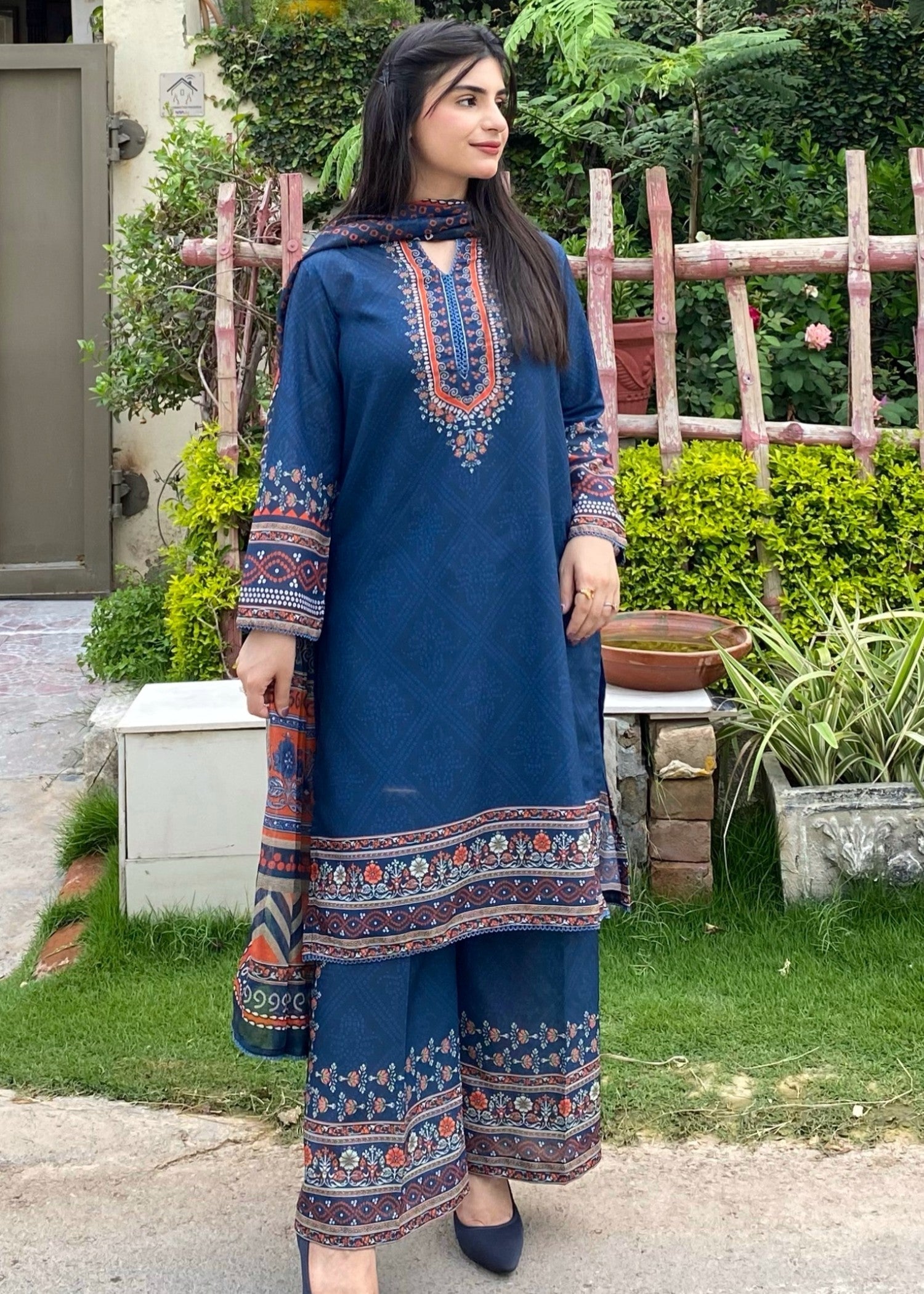 silk finish lawn Kurta Set in Blue