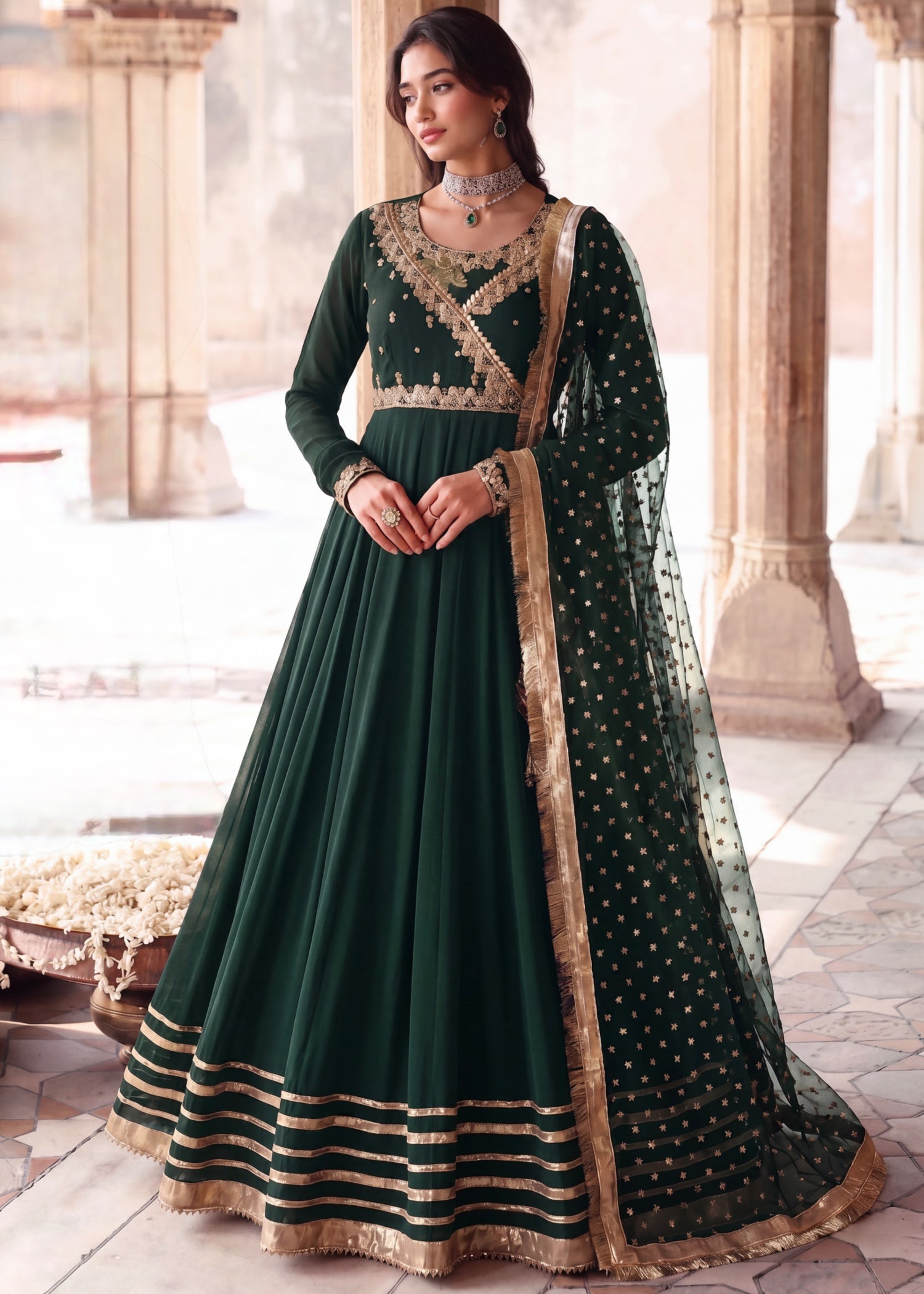 chiffon Angrakha in Dark green