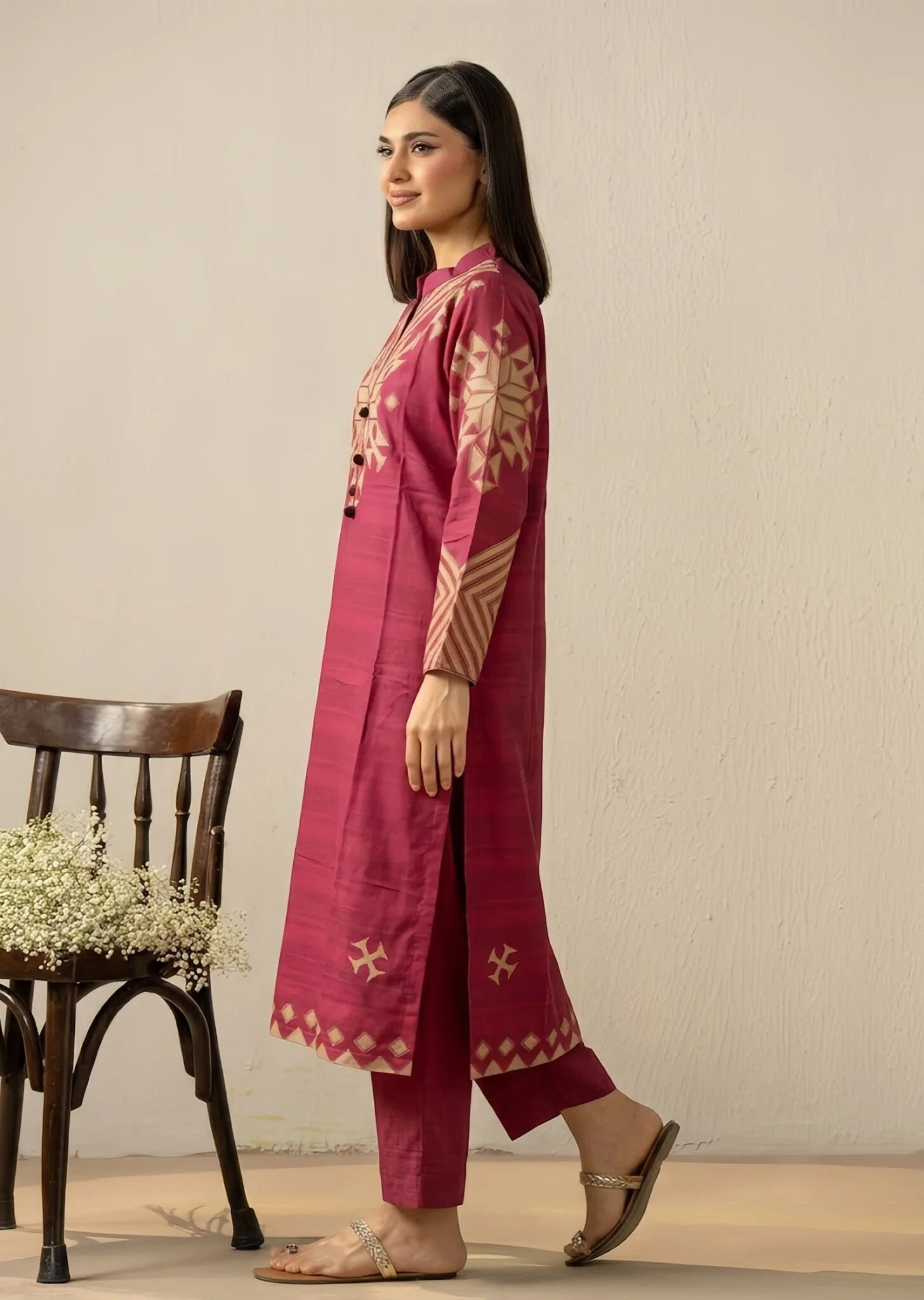 poly lawn Kurta Set in Maroon