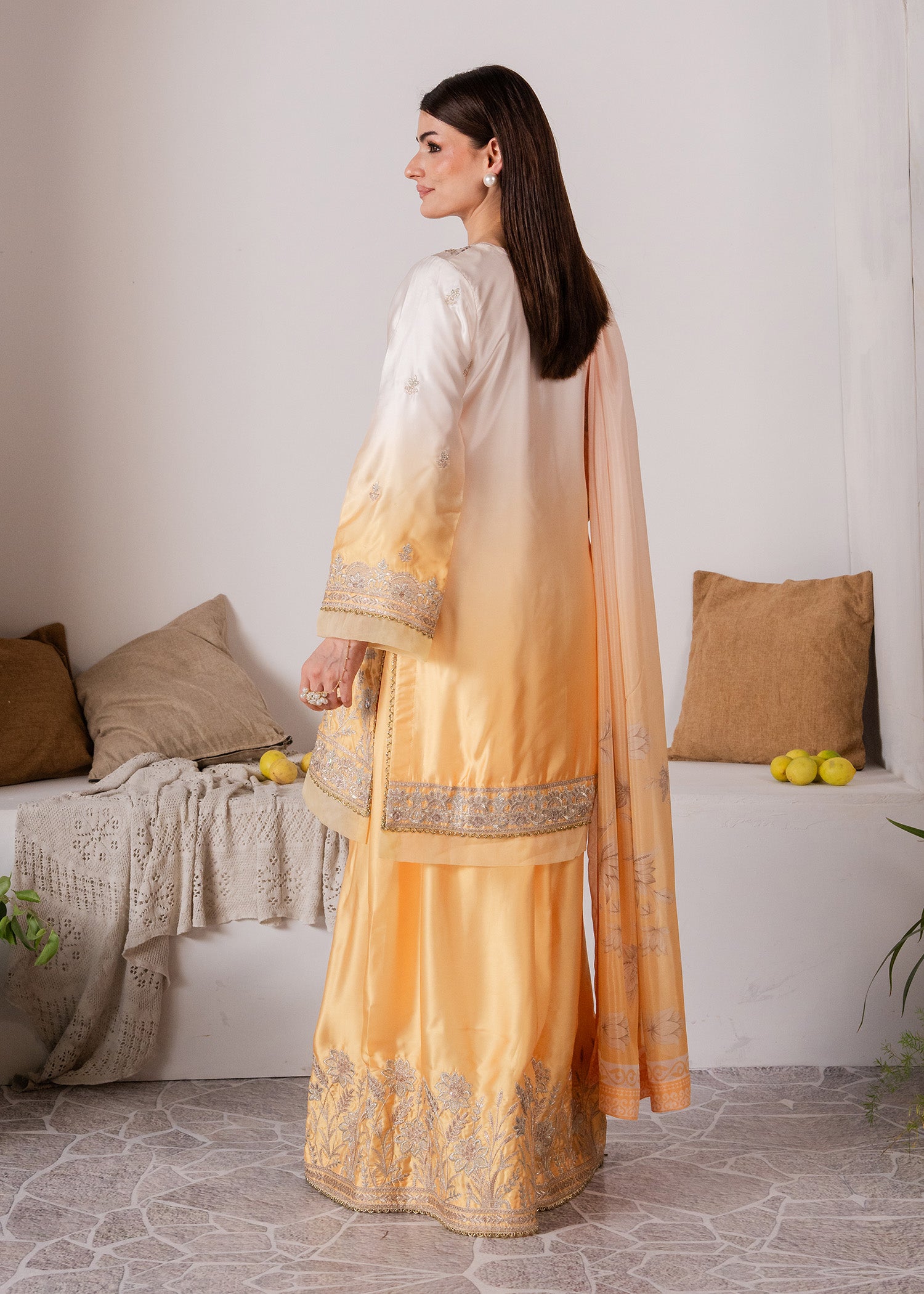 charmuse/shamooz Kurta Set in Off-white, goldfish orange