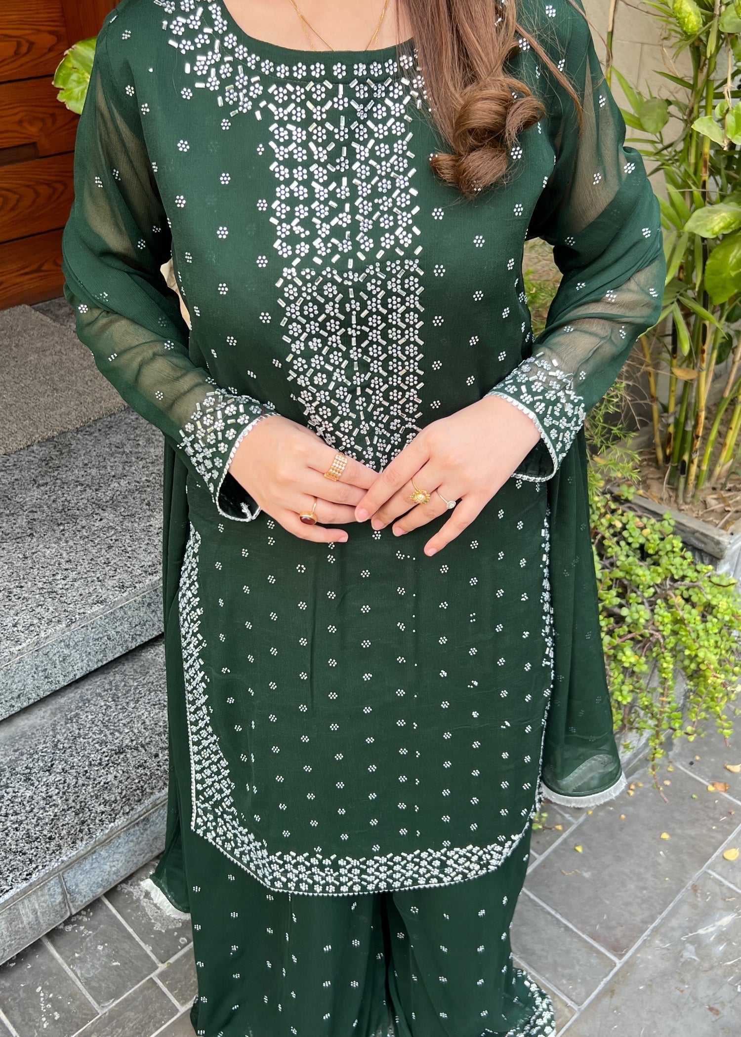 chiffon Sharara in Bottle green