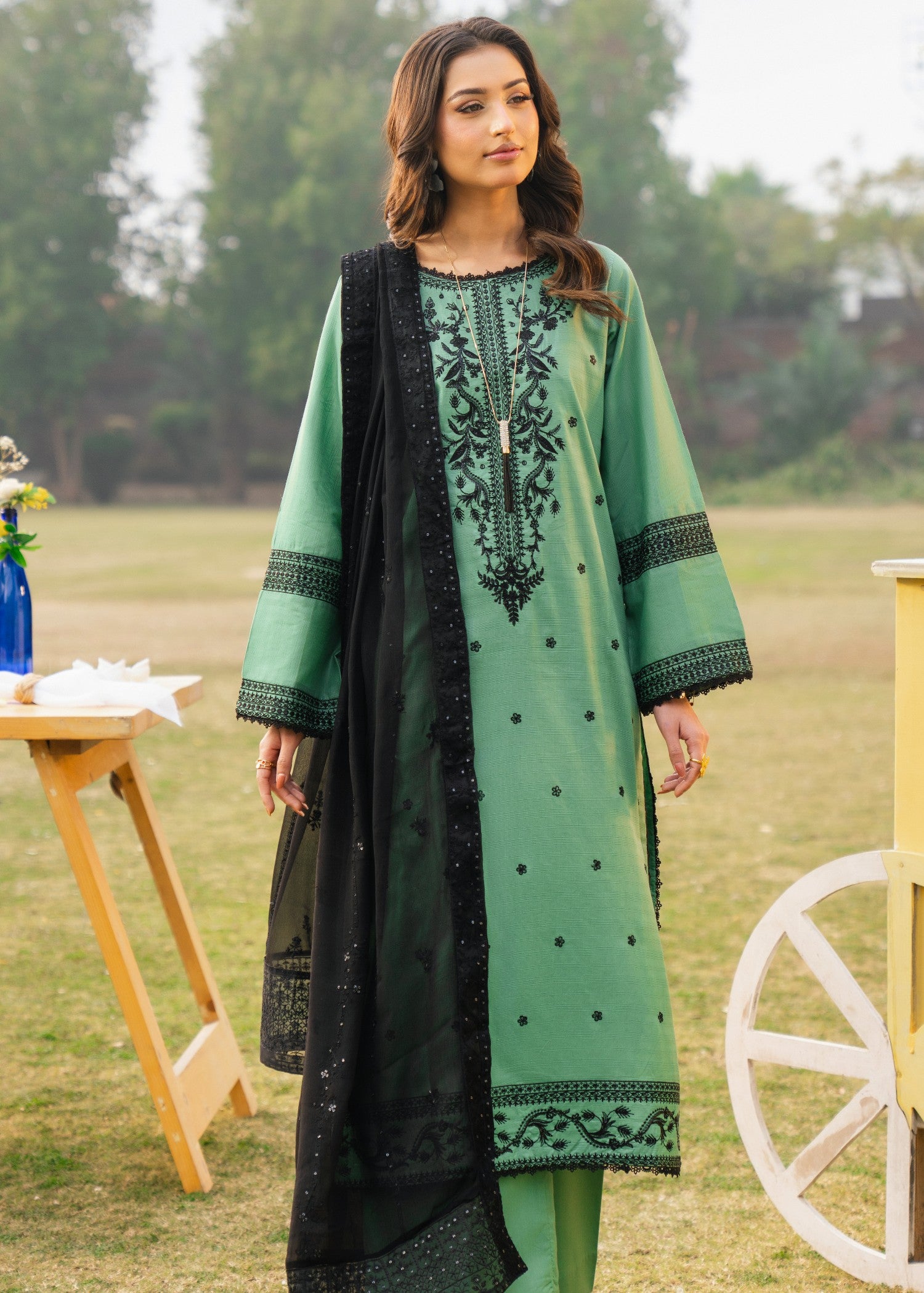 lawn Kurta Set in Mint green, black