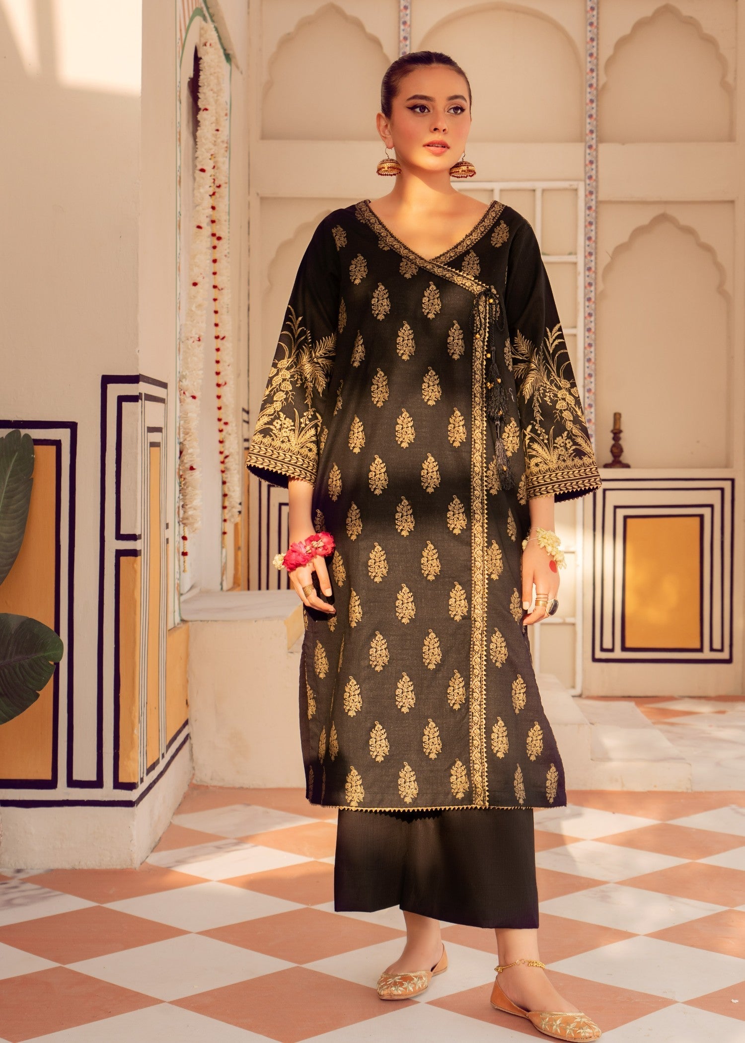 slub cambric Kurta Set in Black