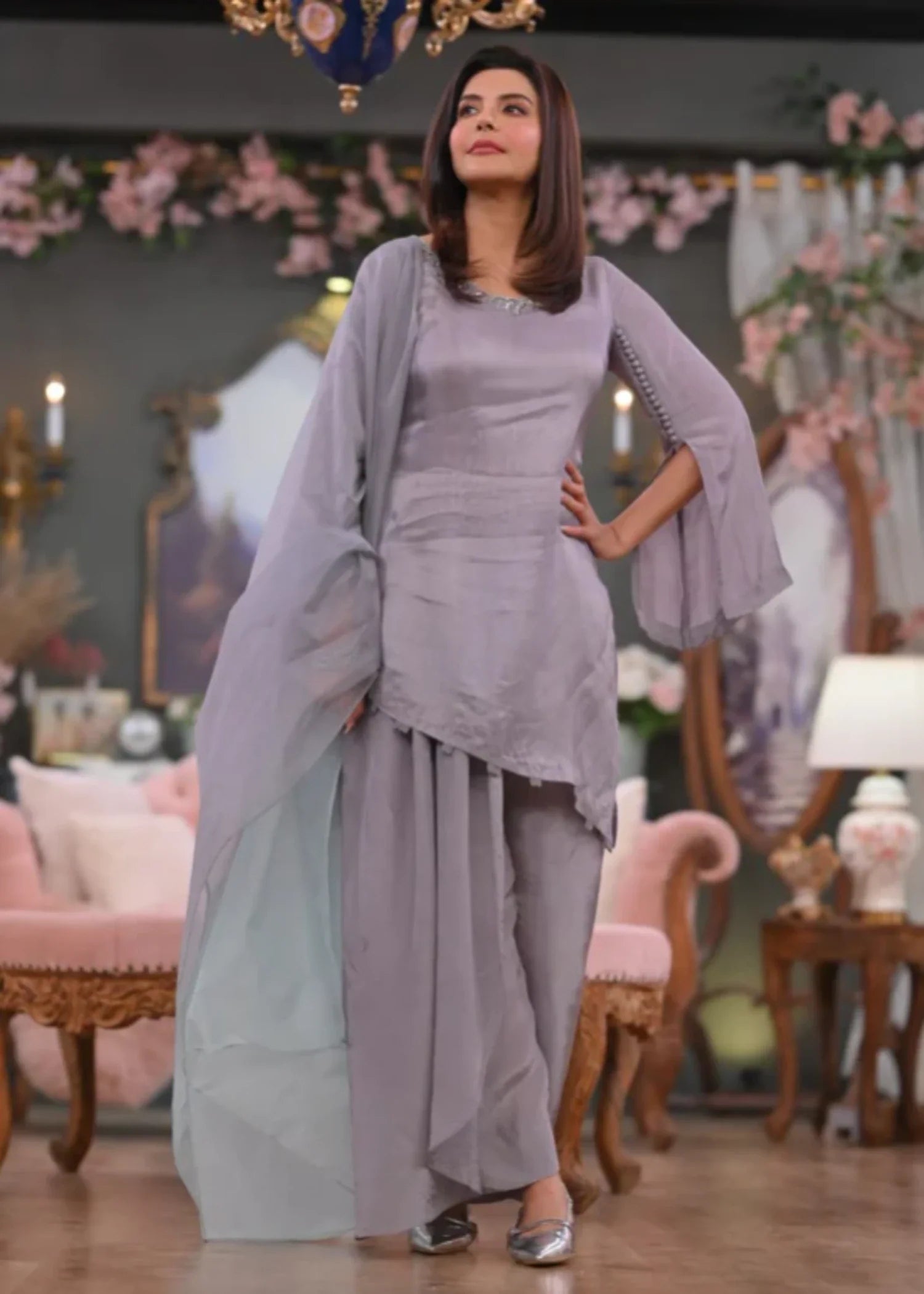 tissue silk Kurta Set in Grey
