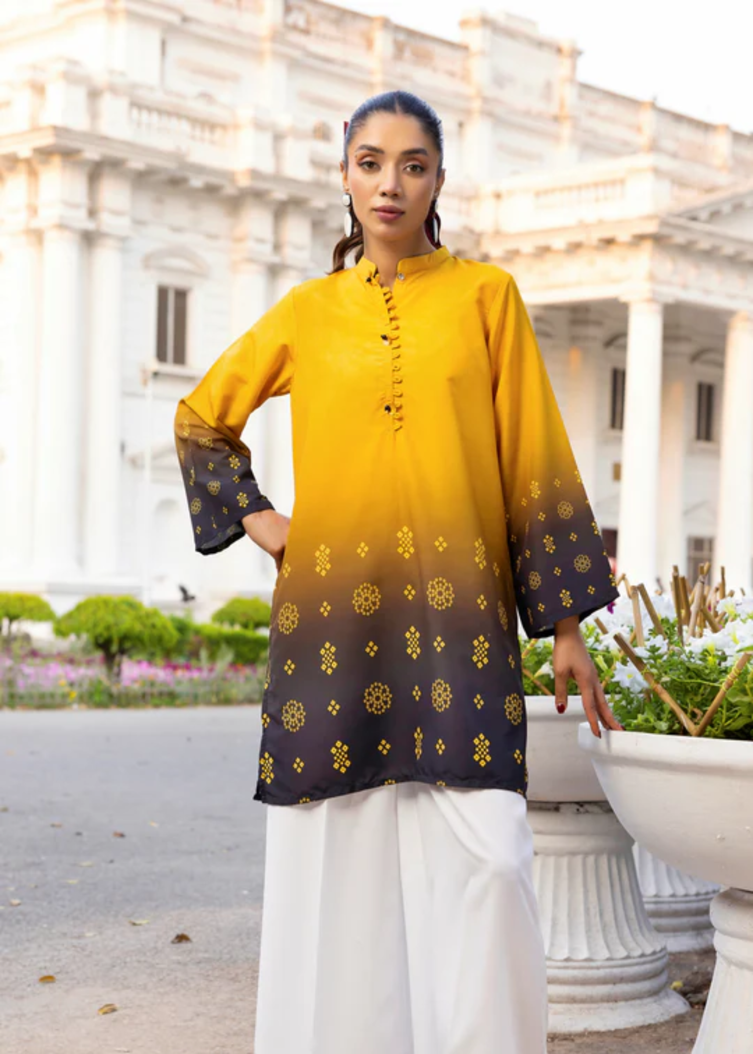 lawn Kurti in Black, school bus yellow